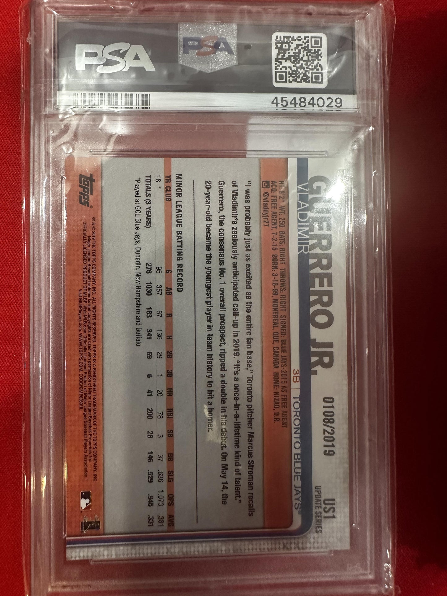 2019 Topps Update #US1 Vladimir Guerrero Jr. Throwing-Gold PSA 10