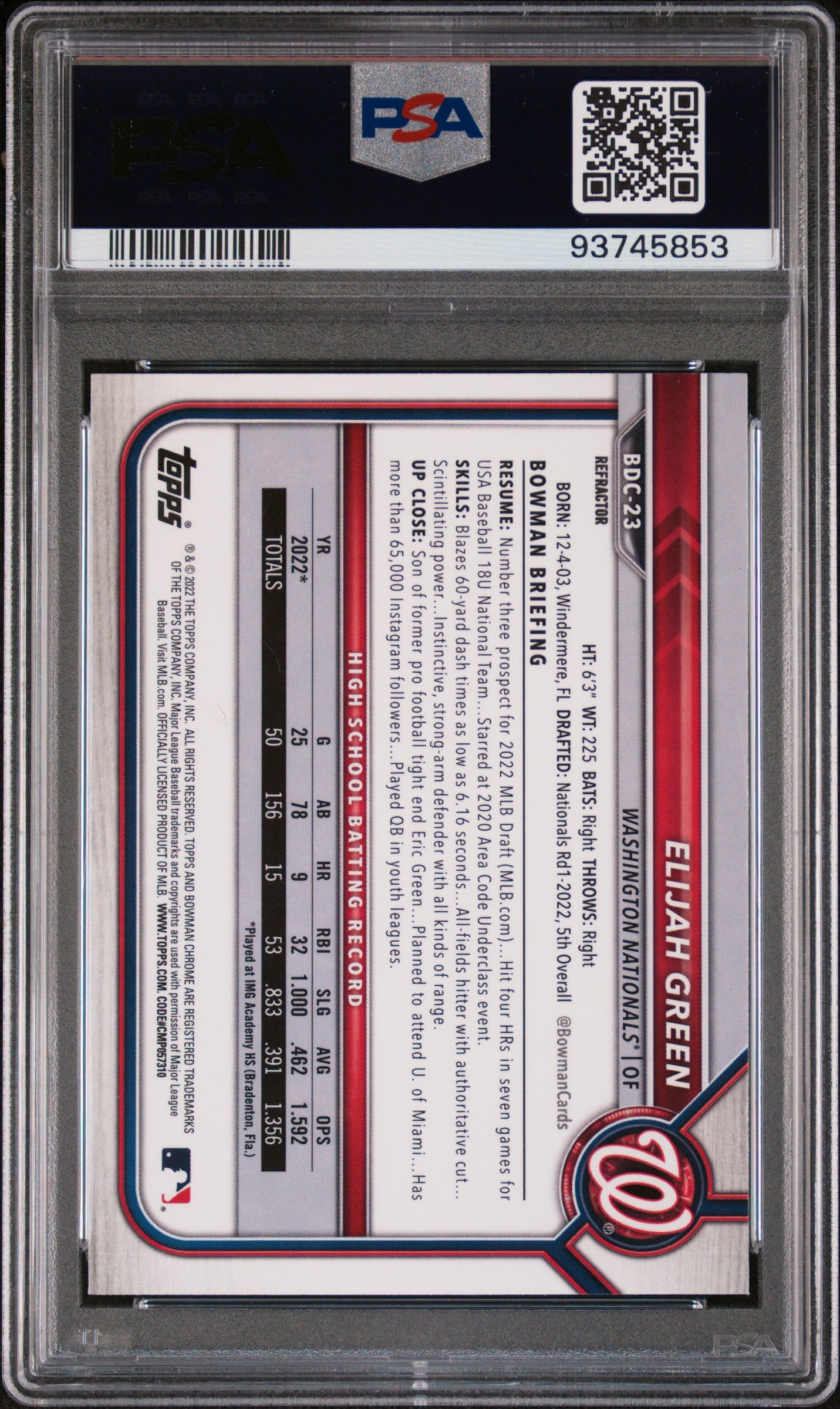 2022 Bowman Draft #BDC-23a Elijah Green Chrome Refractor PSA 10