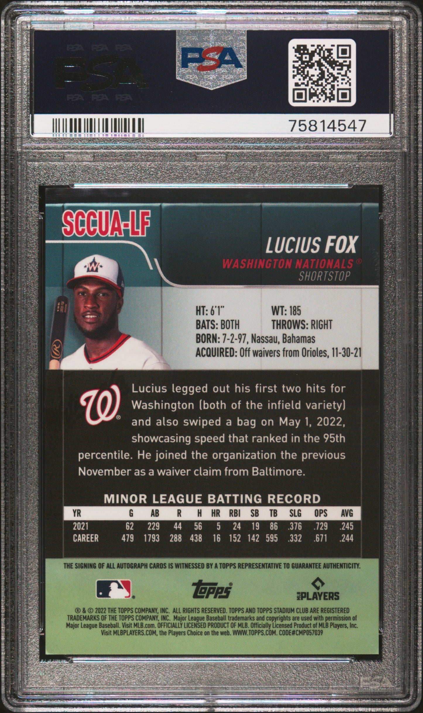 2022 Topps Stadium Club Chrome Autographs #LF Lucius Fox Autograph PSA 9