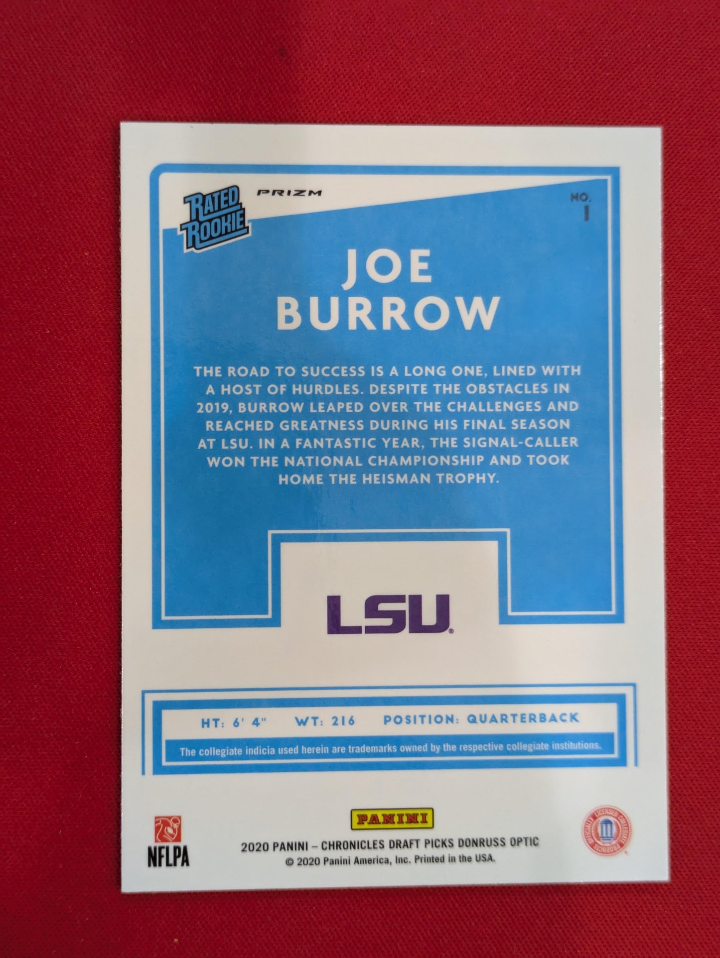 2020 Panini Chronicles Draft Picks #1 Joe Burrow Donruss Optic Rated Red
