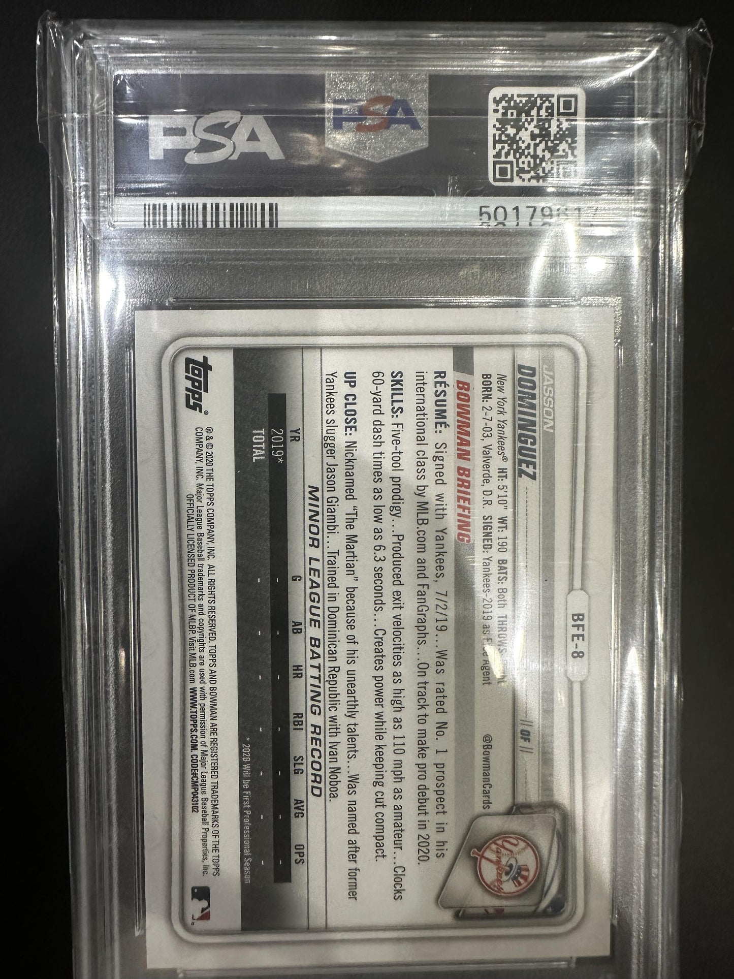 2020 Bowman 1st Edition #BFE8 Jasson Dominguez Sky Blue Foil PSA 9