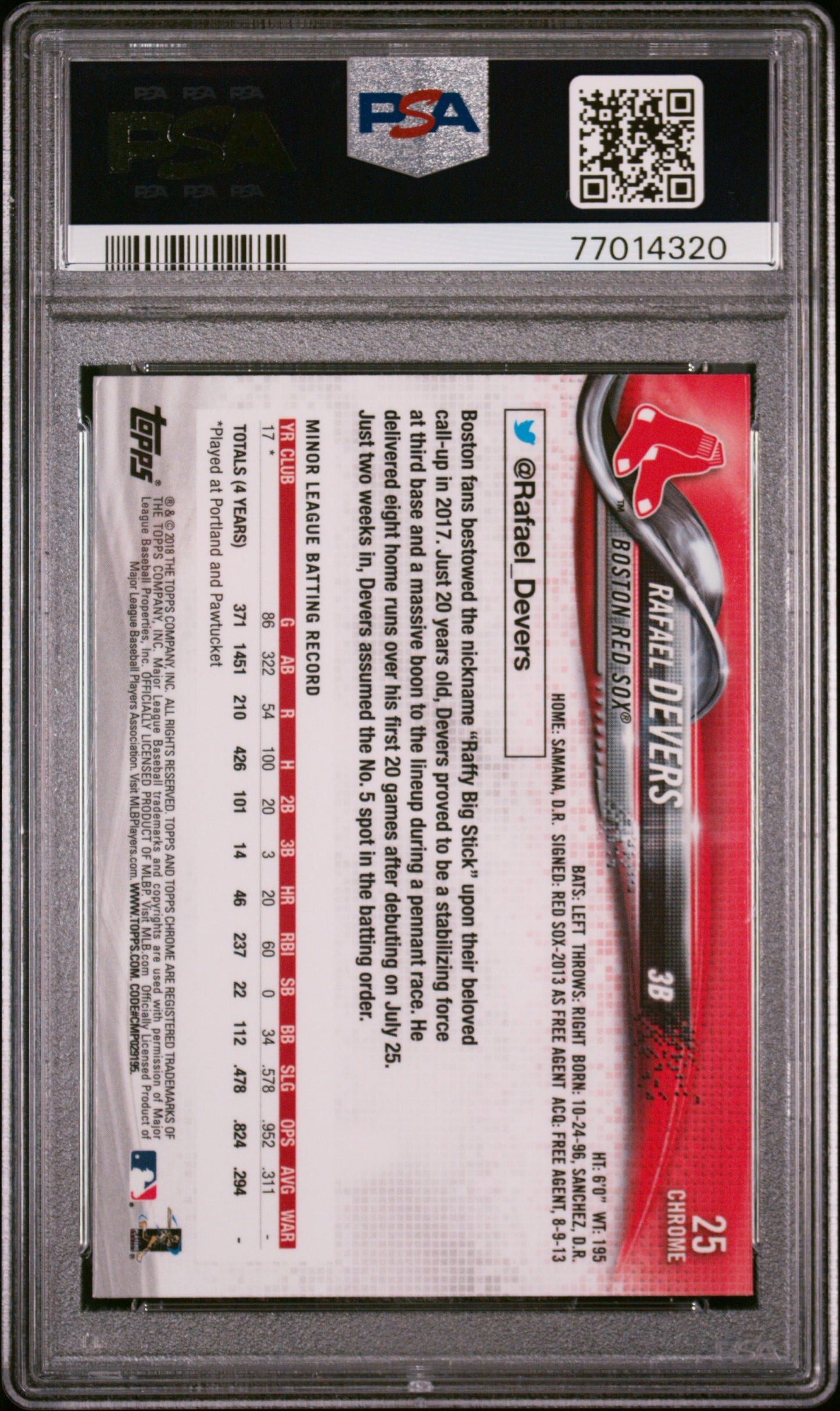 2018 Topps Chrome #25 Rafael Devers Coming Out/Dugout-Ref. PSA 9