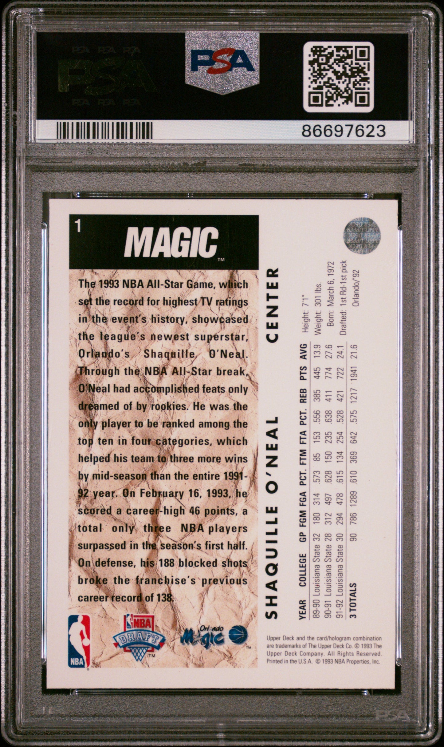 #1 Shaquille O'Neal 1992 Upper Deck RC Rookie 8 Orlando Magic NM-MT sports