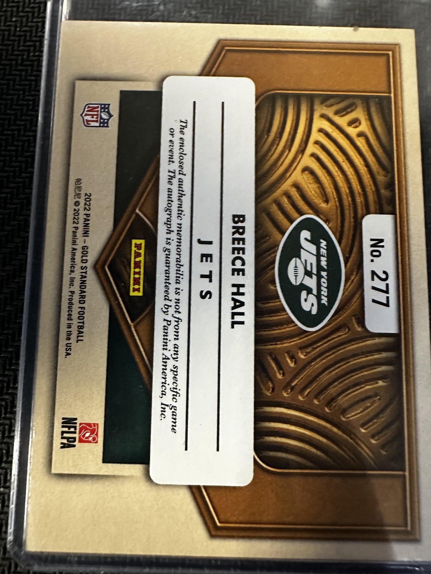 #277 Breece Hall 2022 Panini Gold Standard AU,MEM,SN Auto /149 New York Jets
