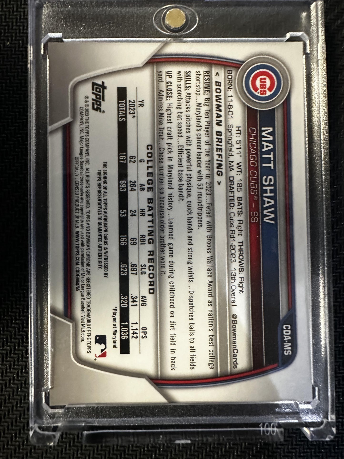 #CDA-MS Matt Shaw 2023 Bowman Draft Cubs Chrome Prospect Autographs