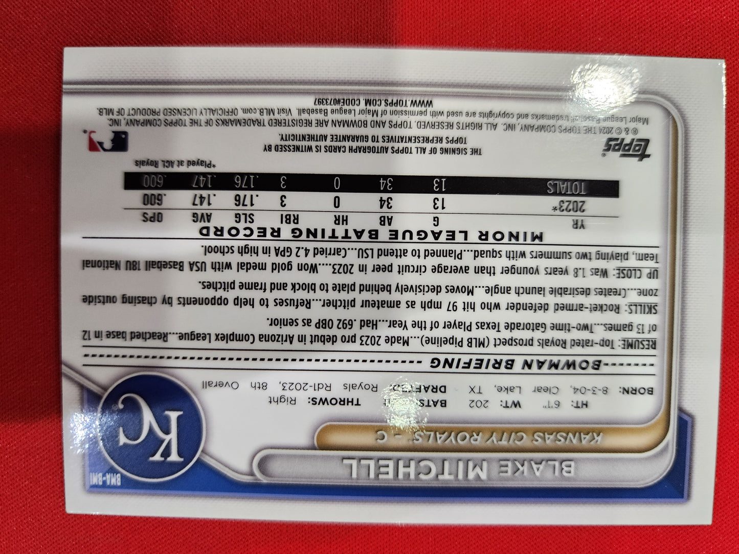 #BMA-BMI Blake Mitchell 2024 auto #/99 Royals Chrome Prospect Green Refractors