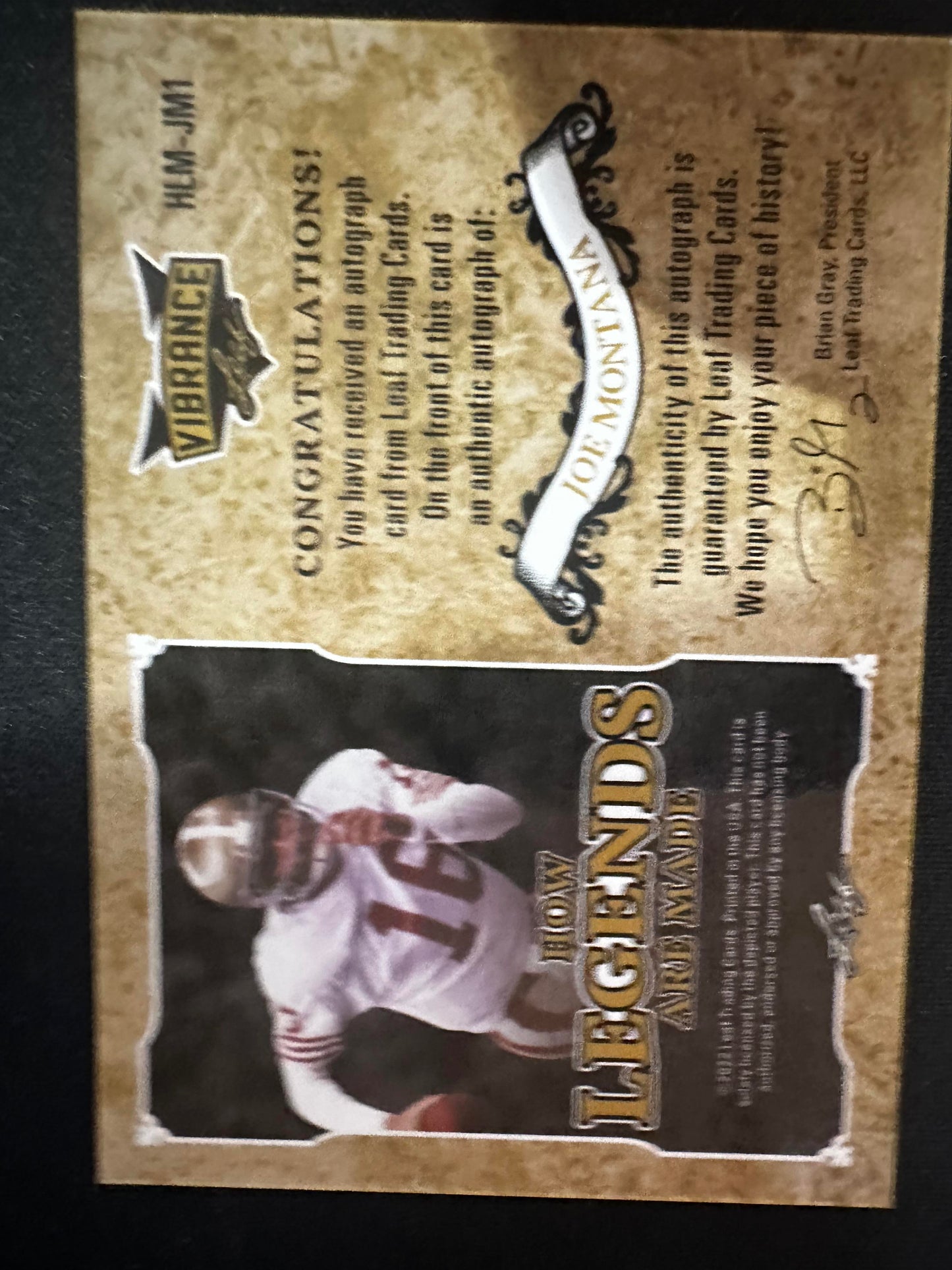 #HLM-JM1 Joe Montana 2022 Leaf Vibrance How Legends Are Made Autographs Blue