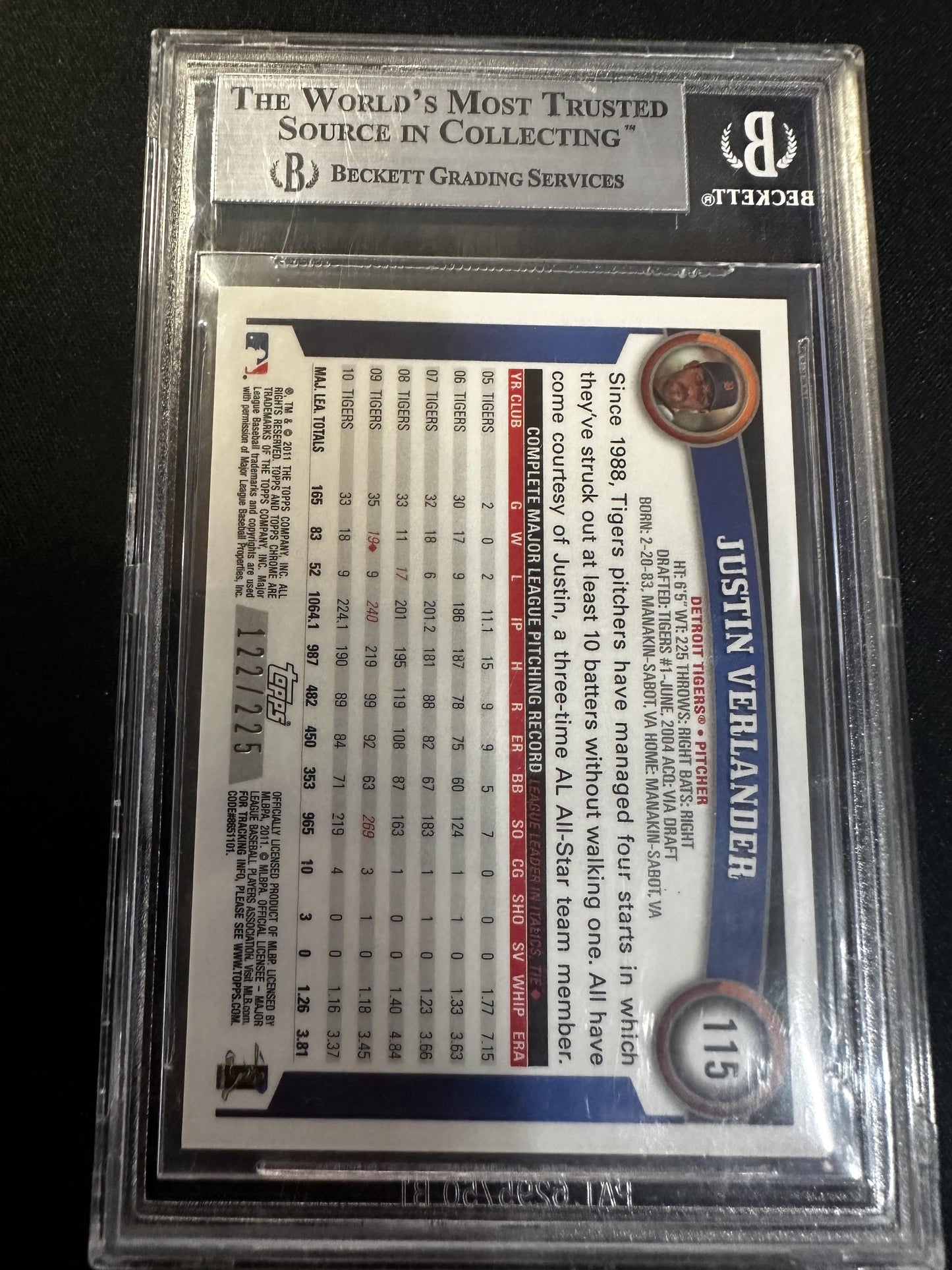 #115 Justin Verlander 2011 Topps Chrome SN #/225 Tigers Atomic Refractors