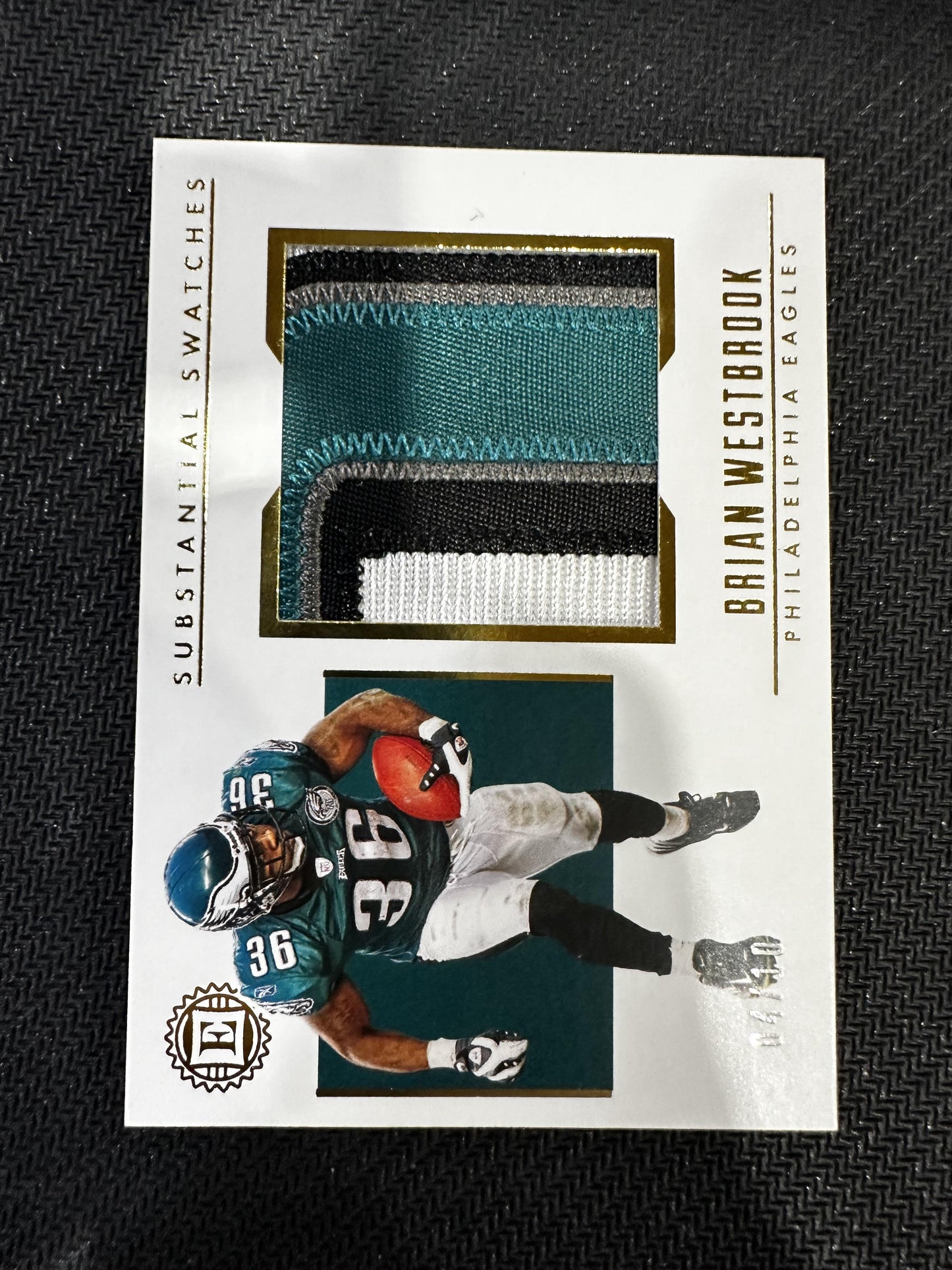 #SS23 Brian Westbrook 2019 Panini Encased /10 Eagles Substantial Swatches Gold