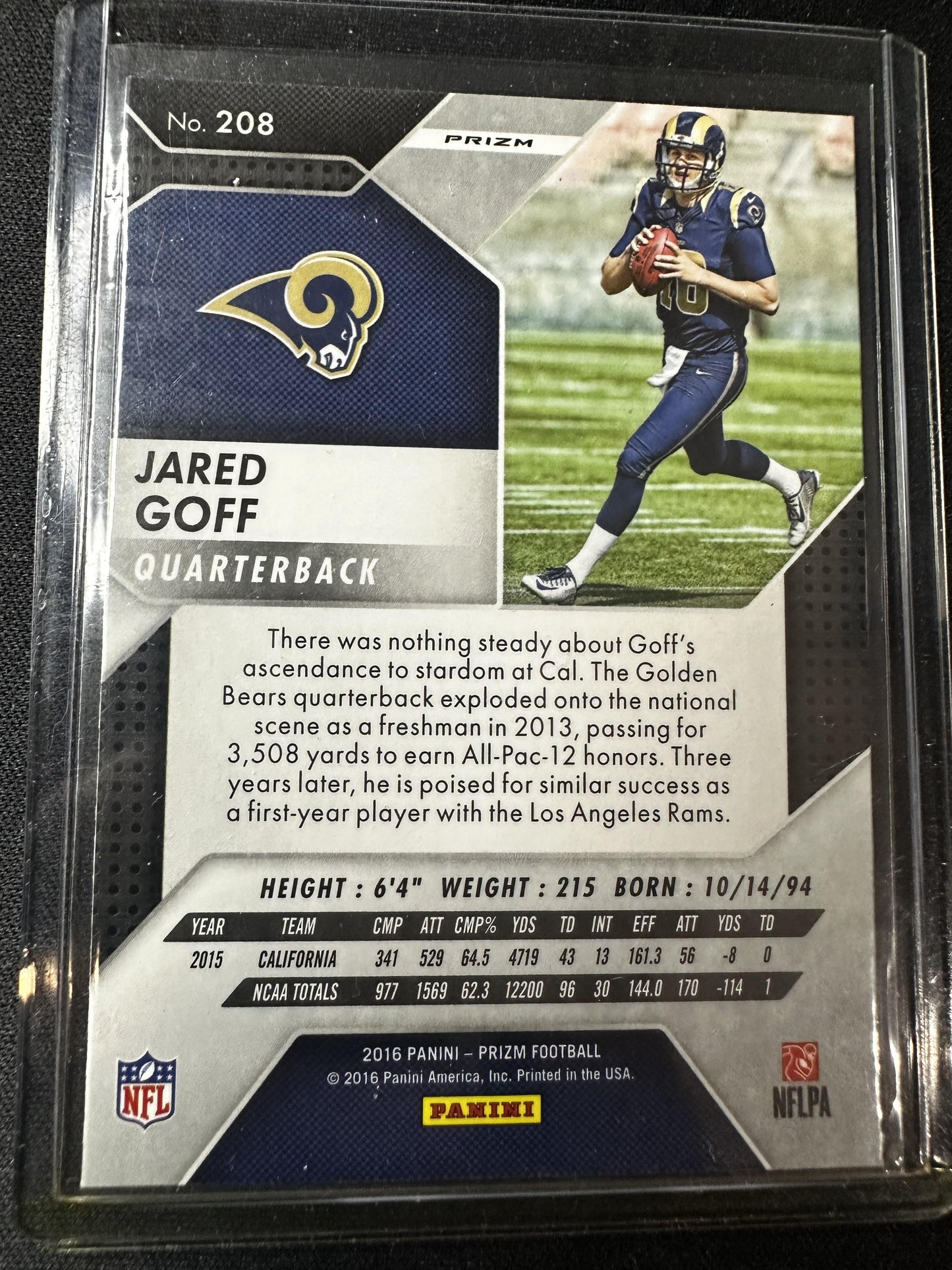 #208 Jared Goff 2016 Panini Prizm Los Angeles Rams sports Prizm