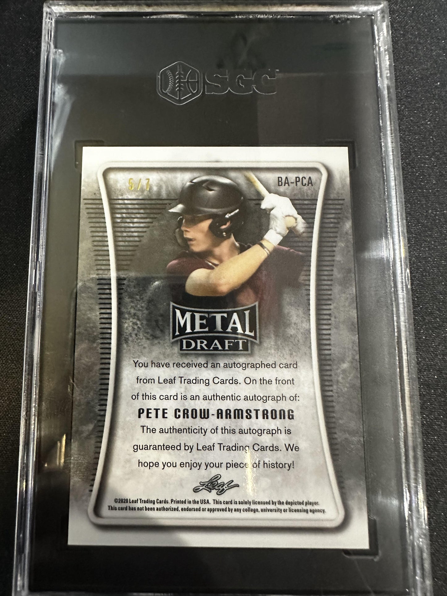 #BA-PCA Pete Crow-Armstrong 2020 Leaf Metal Draft AU,SN Auto #/7 8.5 Orange