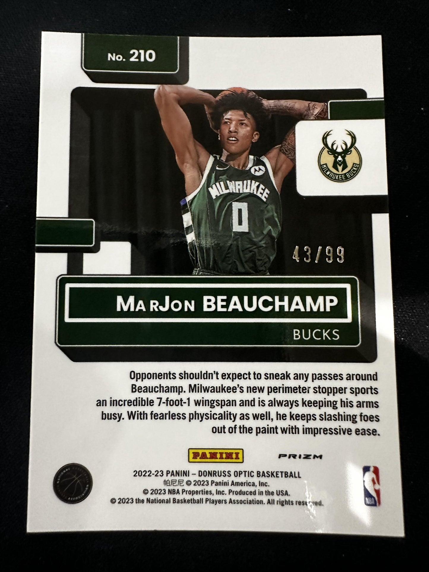 #210 MarJon Beauchamp 2022-23 Donruss Optic /99 Milwaukee Bucks Copper Glitter
