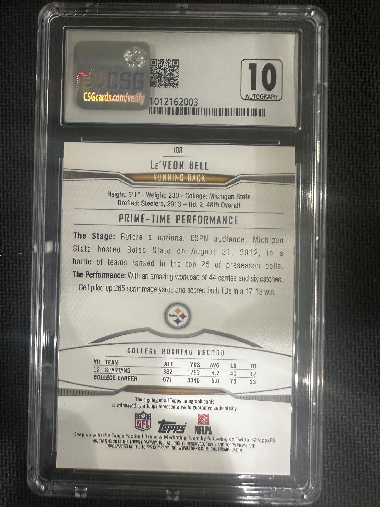 #108 Le'Veon Bell 2013 Topps Prime Rookie Auto /50 8.5 Steelers Copper Rainbow