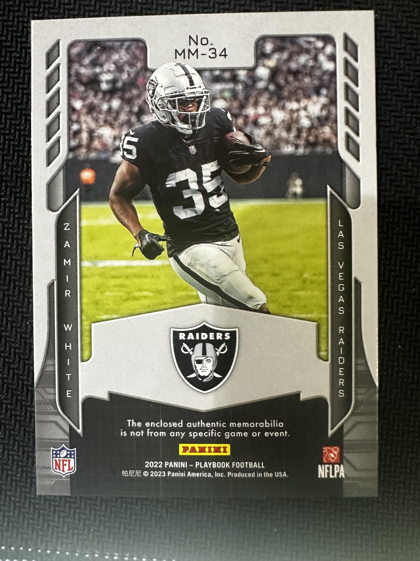 #MM-34 Zamir White 2022 Panini Playbook /99 Raiders Mammoth Material Gold