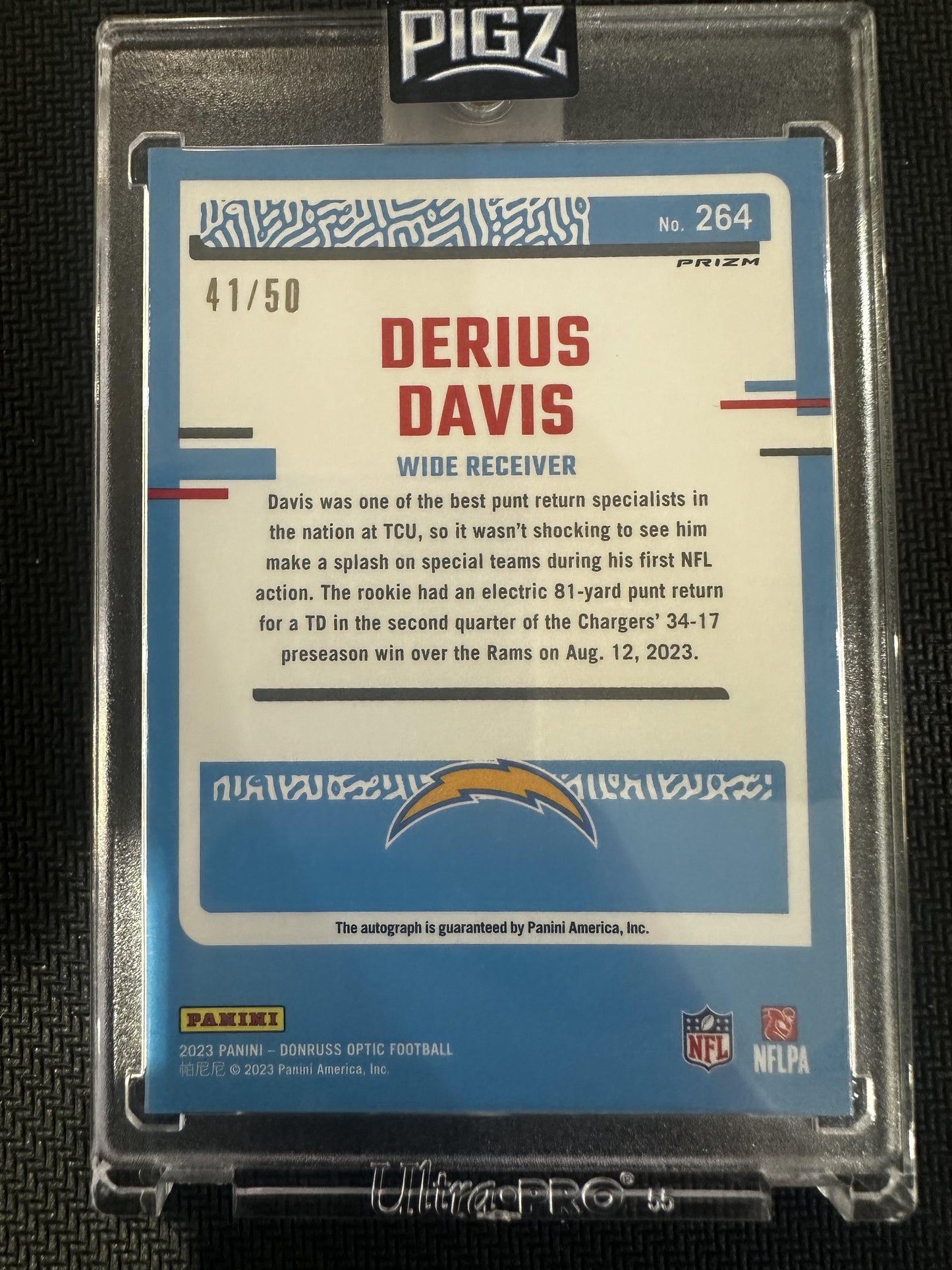 #264 Derius Davis 2023 Donruss Optic SN #/50 Los Angeles Chargers sports Purple