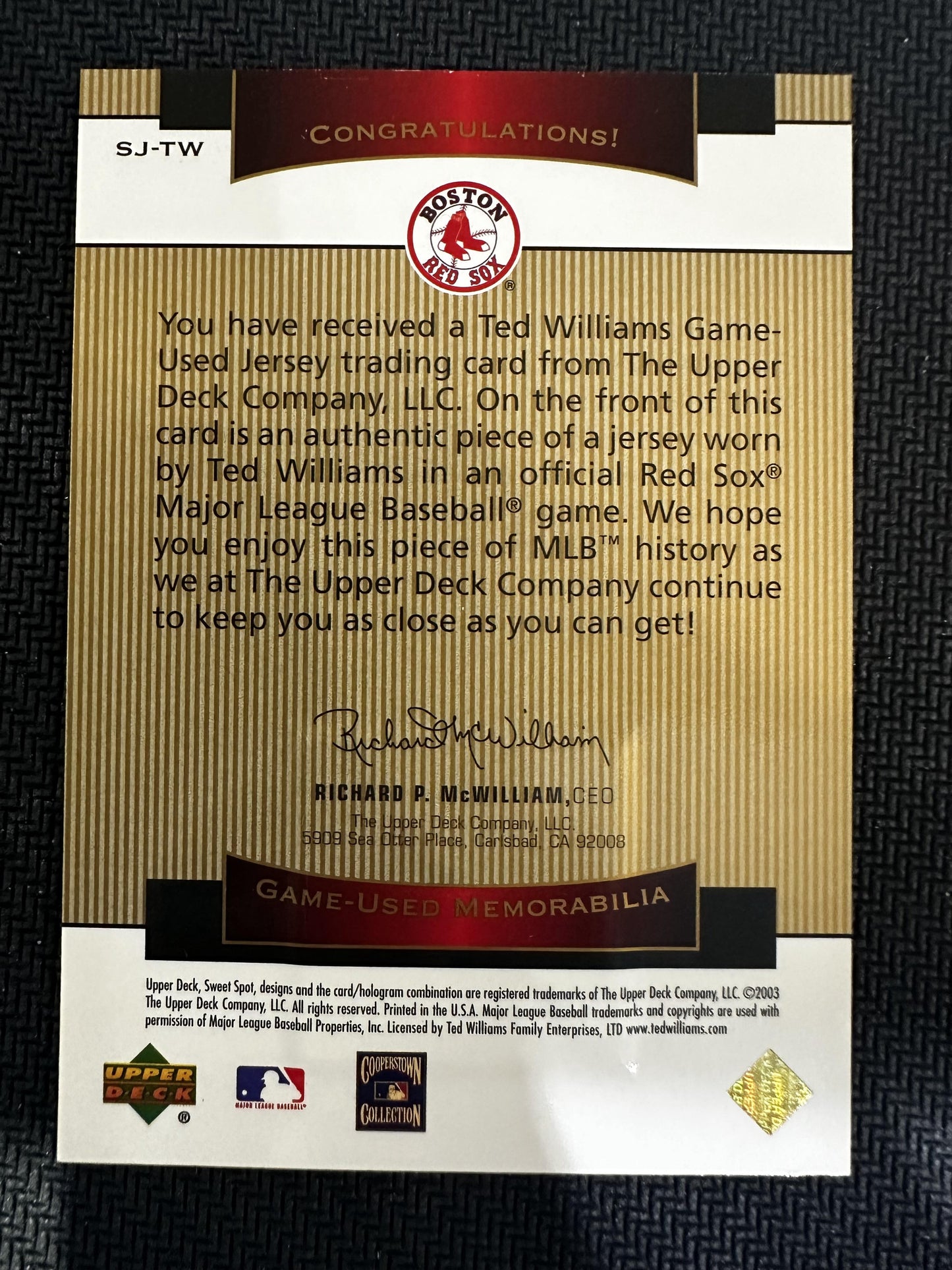 #SJ-TW Ted Williams 2003 Upper Deck Sweet Spot Classic Red Sox Game Jersey