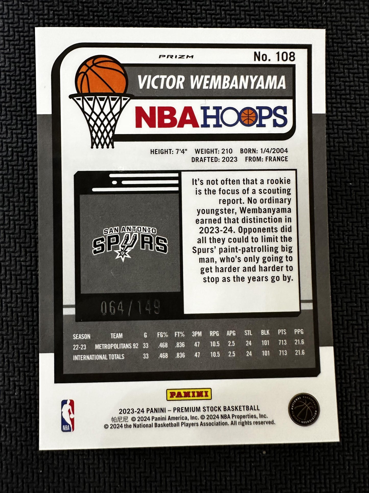 #108 Victor Wembanyama 2023-24 Panini Premium Stock /149 Spurs Purple Ice