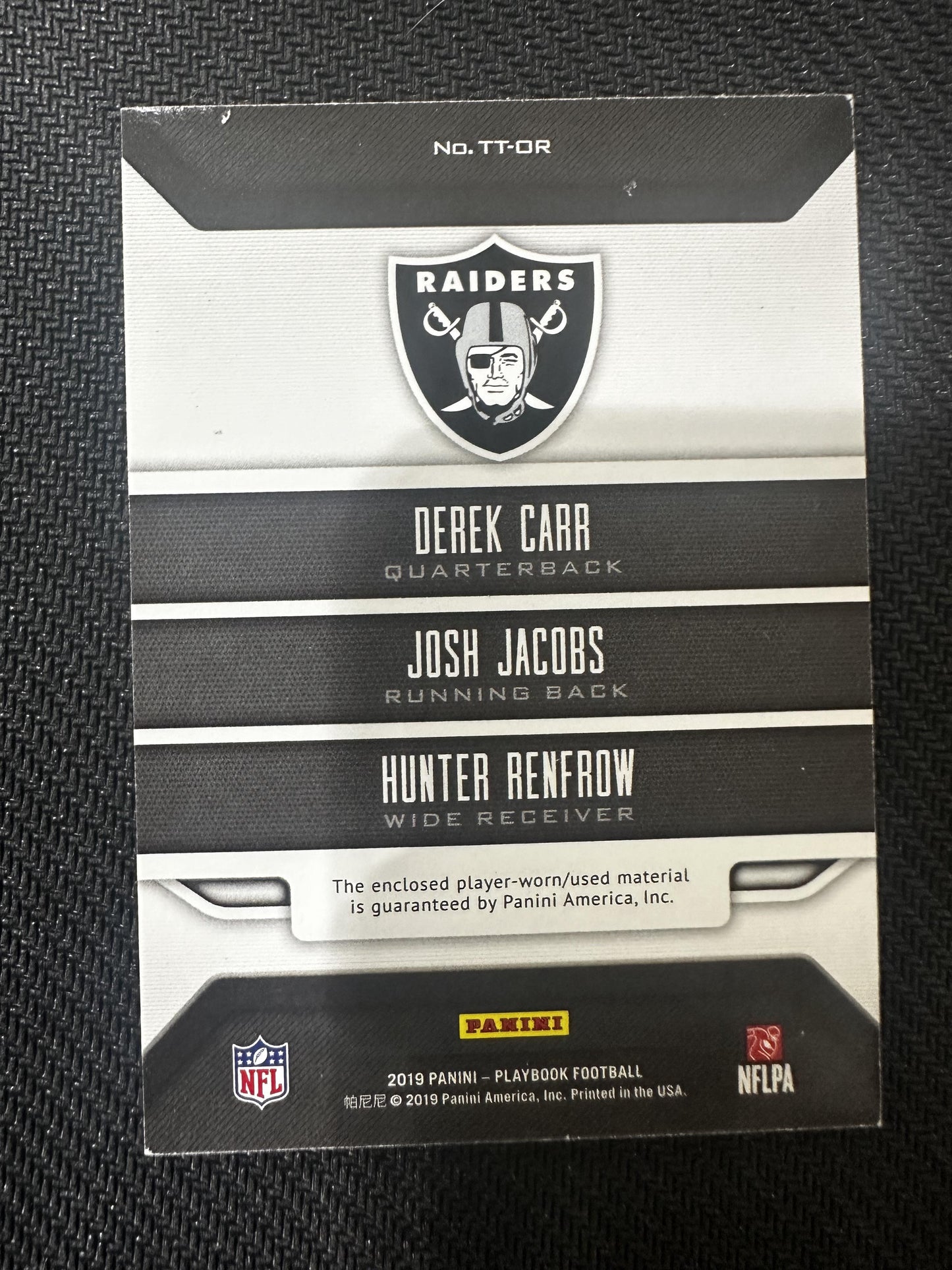 2019 Panini Playbook #TT-OR Josh Jacobs / Derek Carr/Renfrow Triple Threats /99