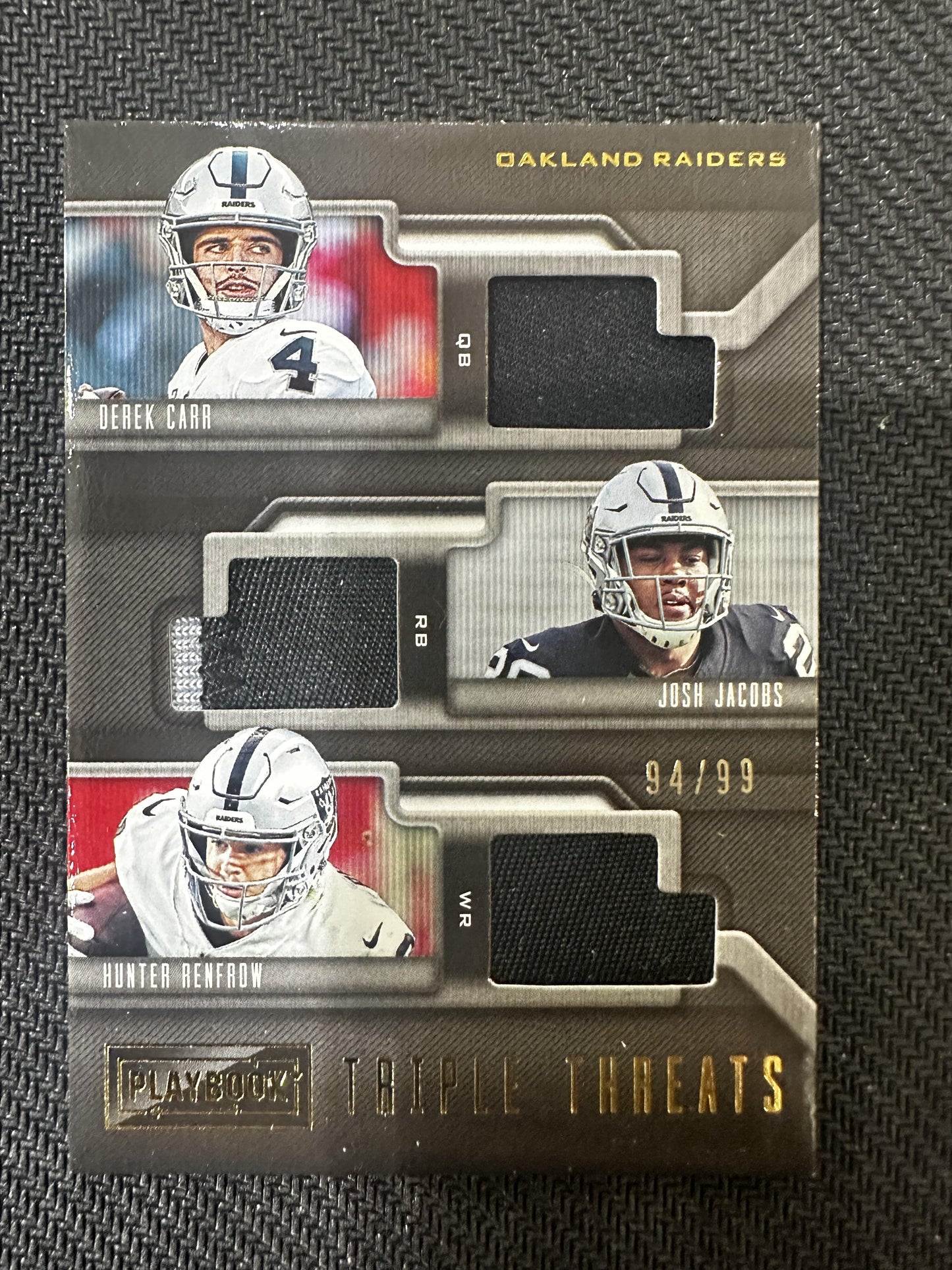 2019 Panini Playbook #TT-OR Josh Jacobs / Derek Carr/Renfrow Triple Threats /99