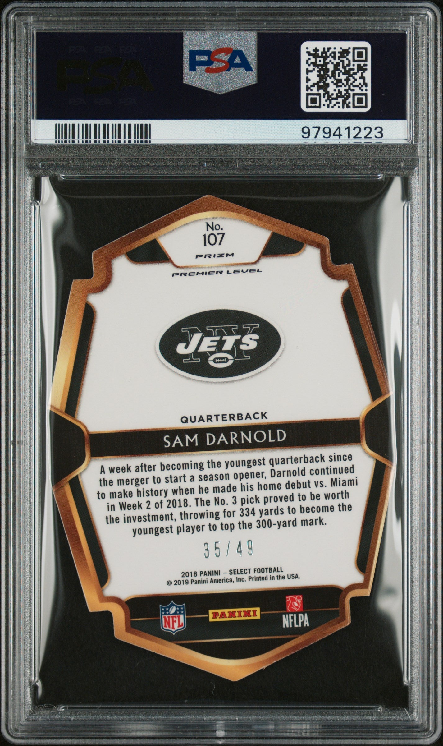 #107 Sam Darnold 2018 Panini Select AU Auto 8 Die-Cut Neon Green Prizm