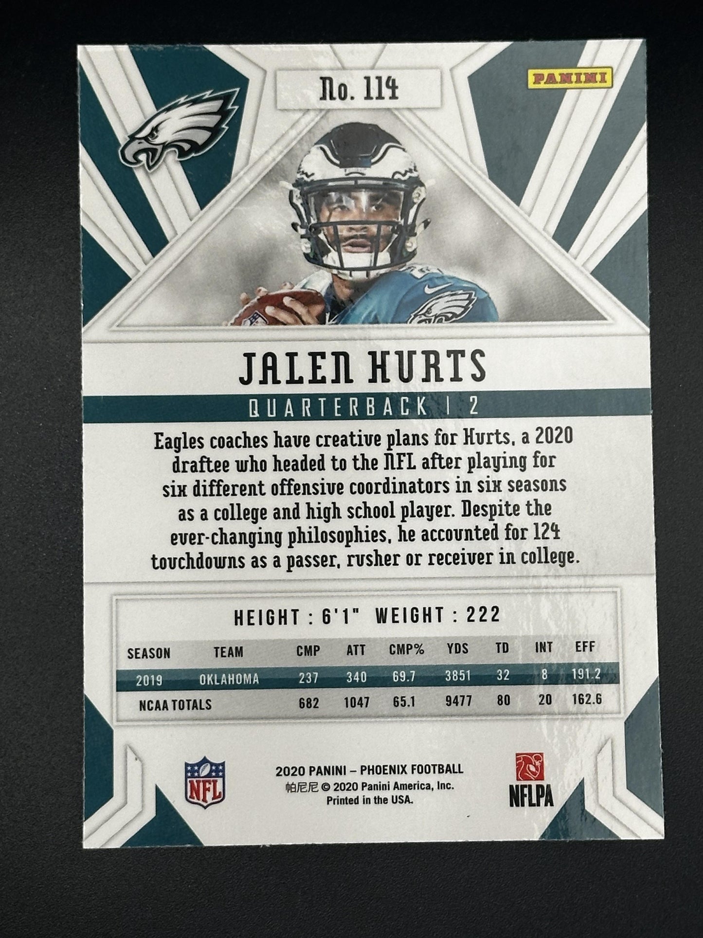#114 Jalen Hurts 2020 Panini Phoenix RC Rookie Philadelphia Eagles Fire Burst