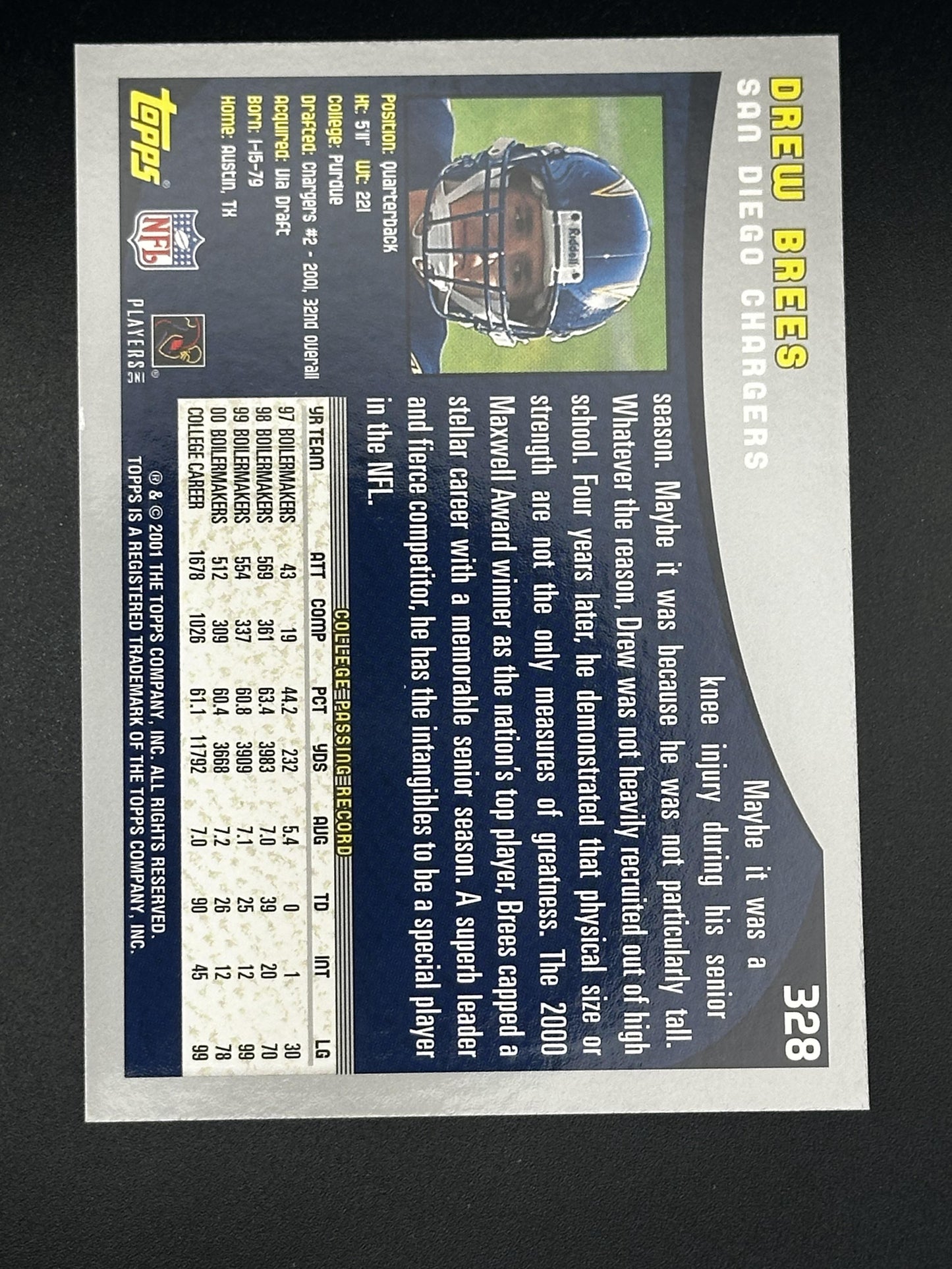 #328 Drew Brees 2001 Topps RC Rookie San Diego Chargers sports