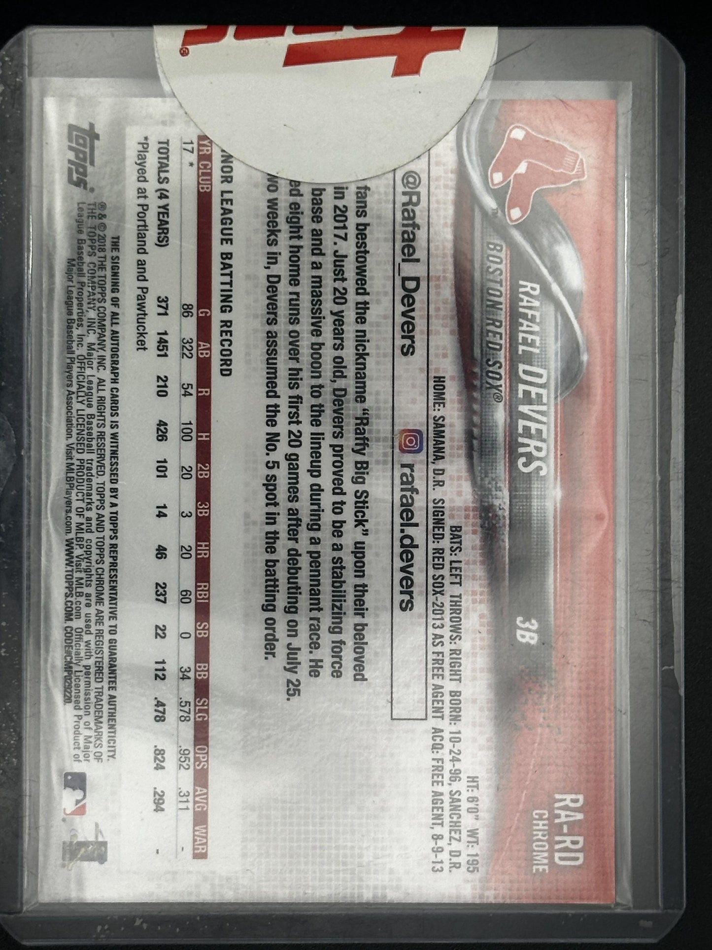 #RA-RD Rafael Devers 2018 Topps Chrome AU Auto Boston Red Sox Auto