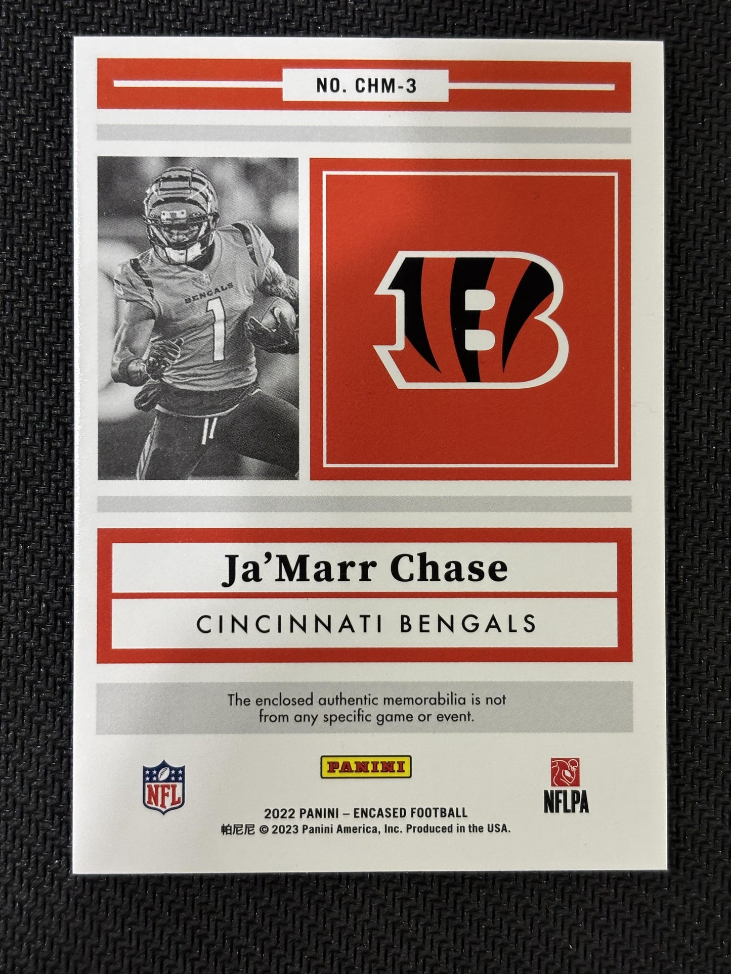 #CHM-3 Ja'Marr Chase 2022 Panini Encased /99 Bengals Choice Materials