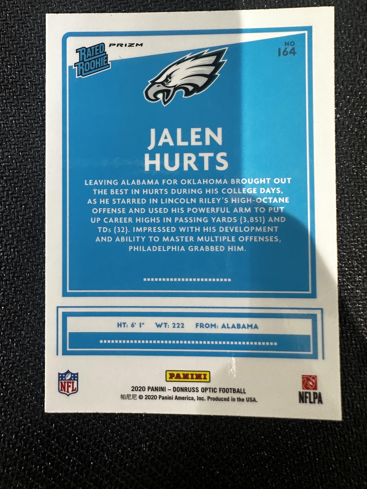#164 Jalen Hurts 2020 Donruss Optic RC Rookie Philadelphia Eagles sports Pink