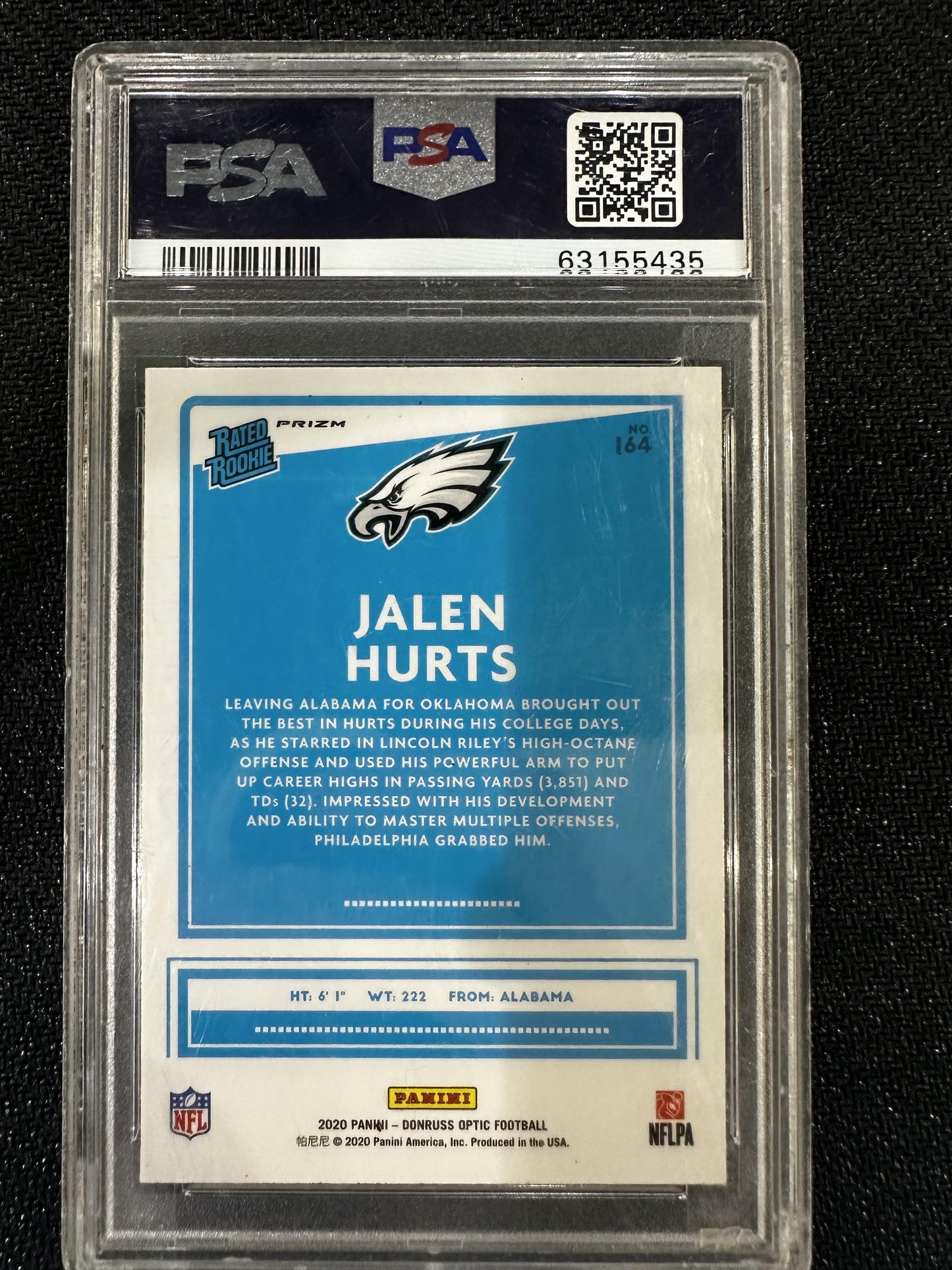#164 Jalen Hurts 2020 Panini Donruss Optic Auto 9 Authentic Holo