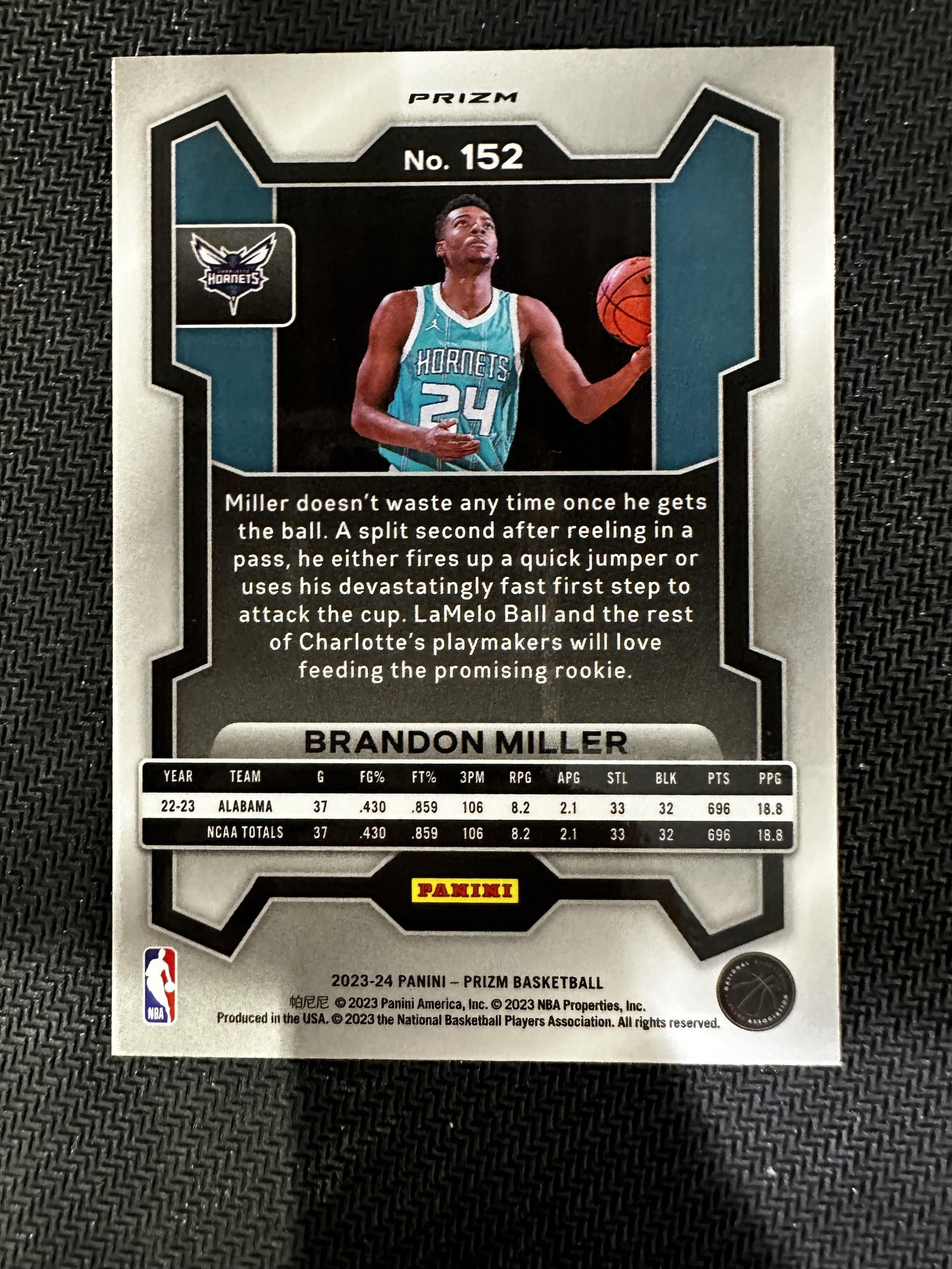 #152 Brandon Miller 2023-24 Panini Prizm RC Rookie Charlotte Hornets Silver