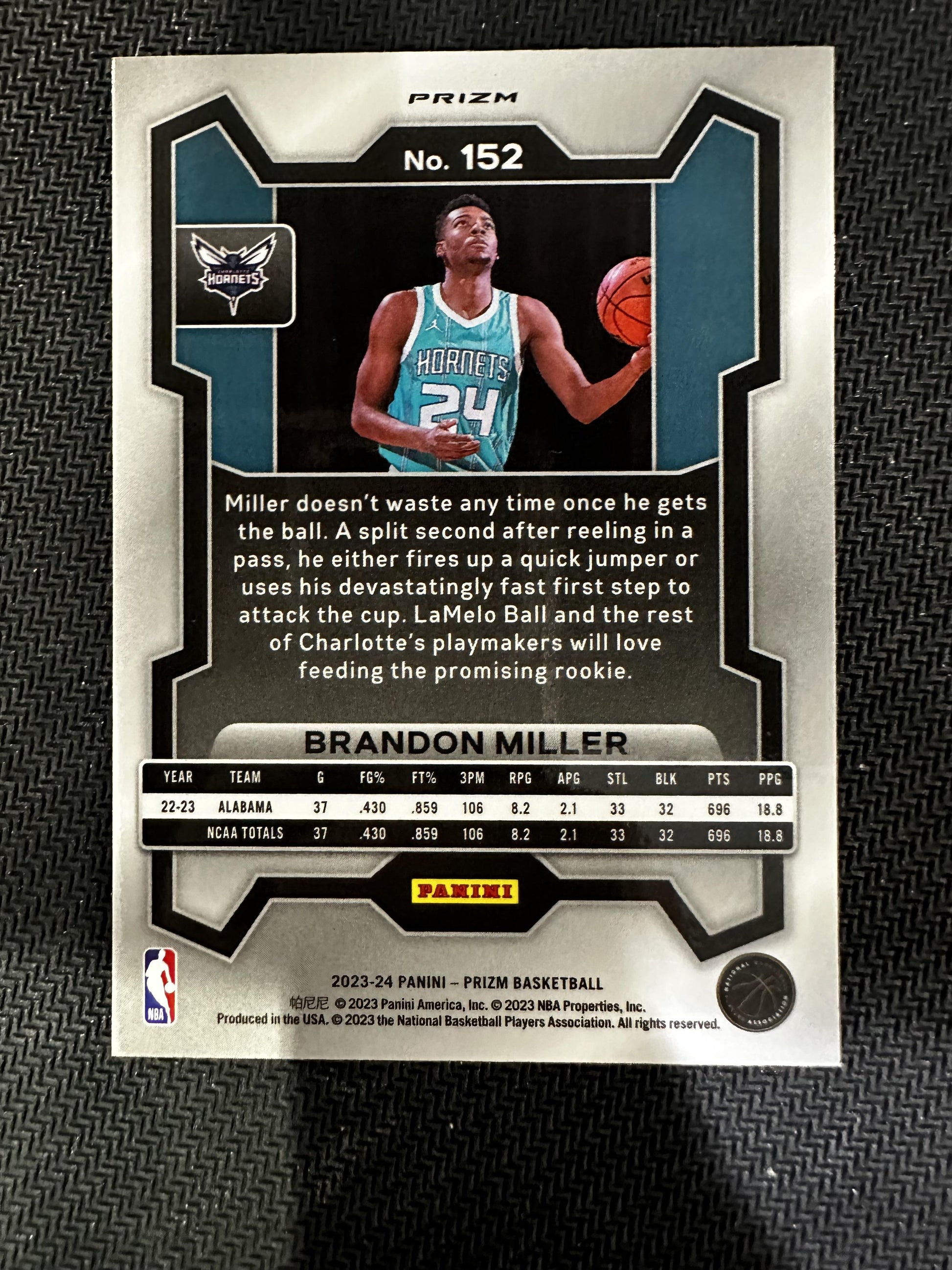 #152 Brandon Miller 2023-24 Panini Prizm RC Rookie Charlotte Hornets Silver