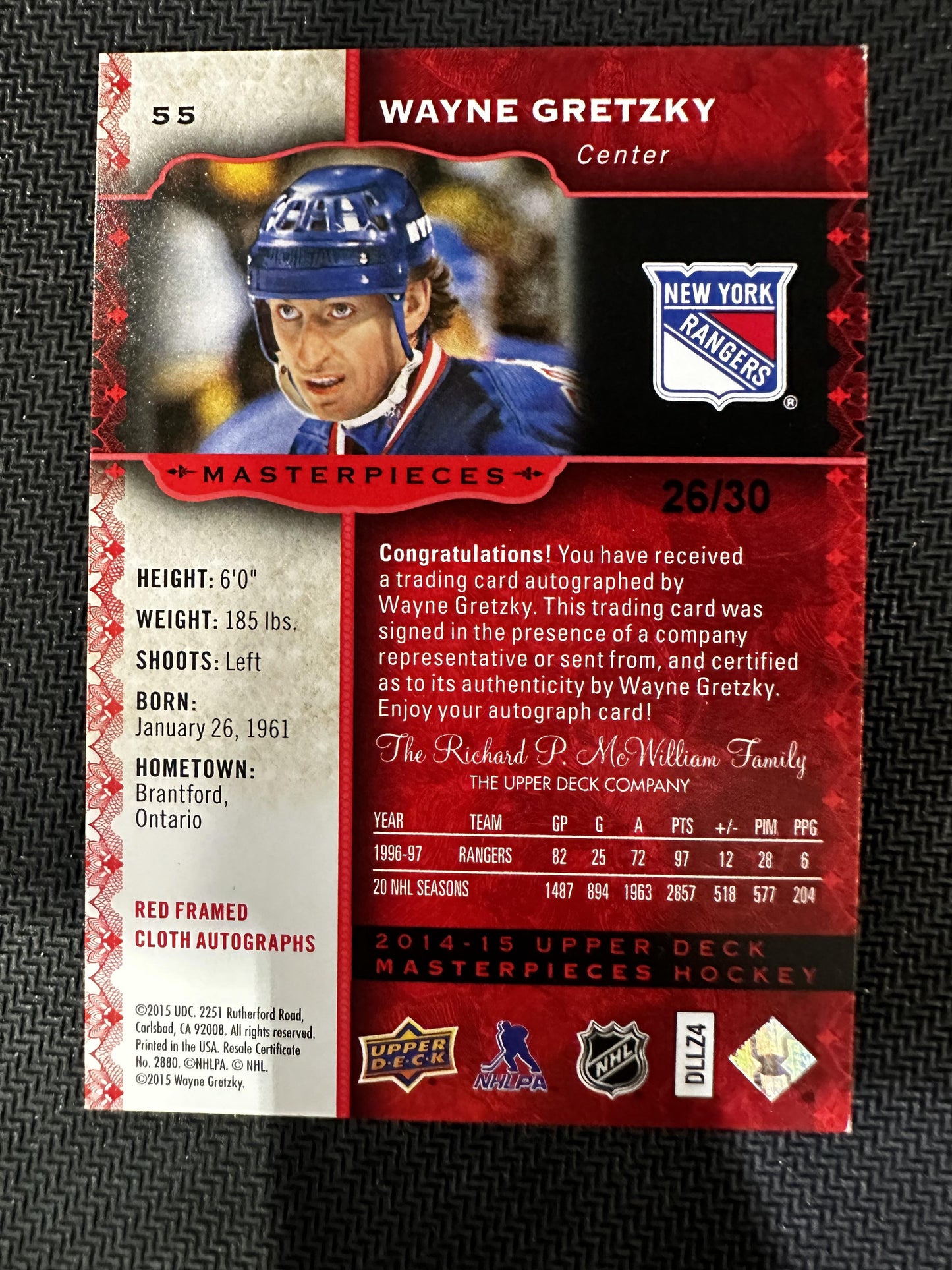 #55 Wayne Gretzky 2014-15 Upper Deck Masterpieces /30 Rangers Red Cloth Auto