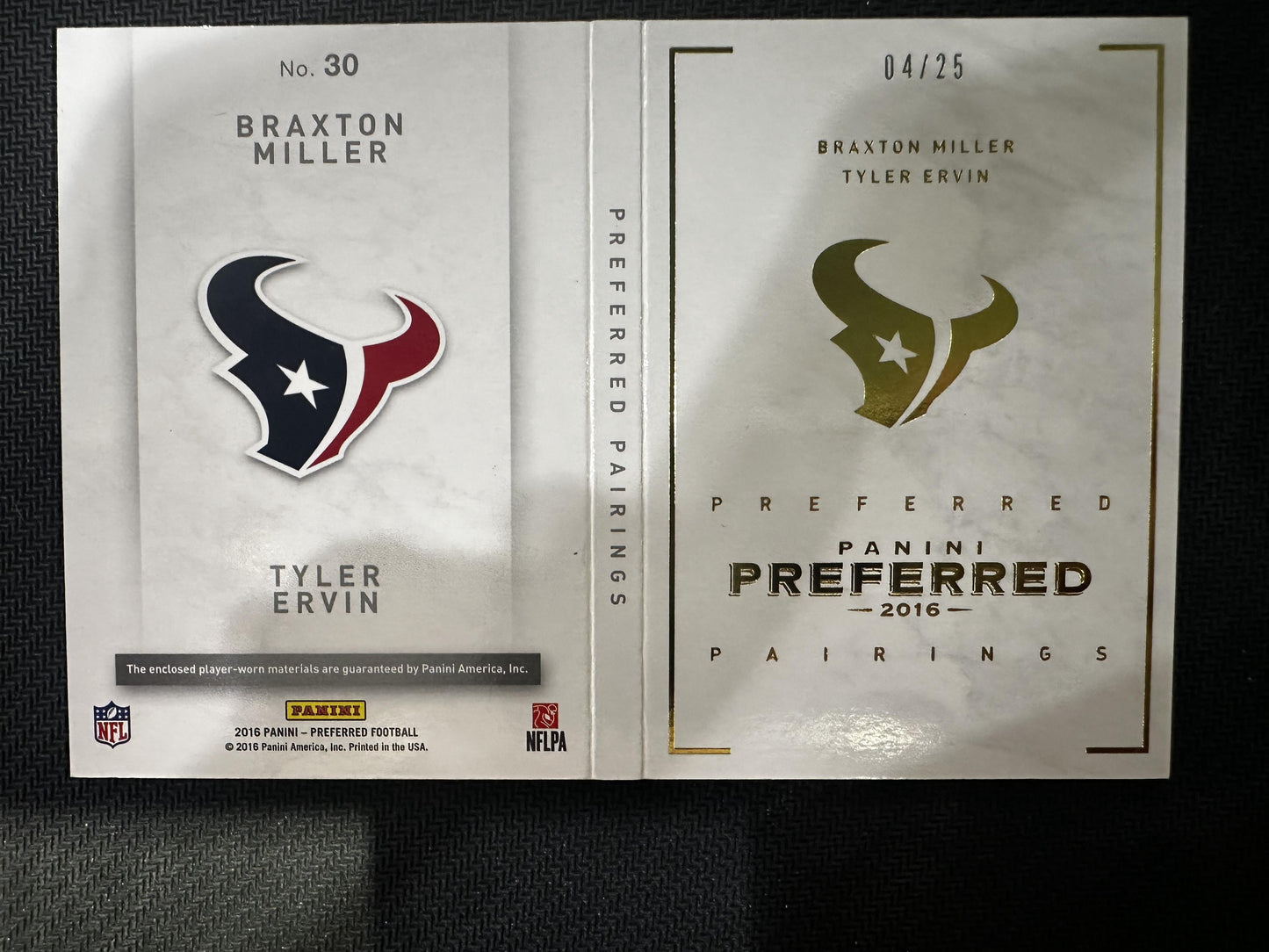 #30 Miller/Ervin 2016 Panini Preferred /25 Texans Pairings Dual Relic Prime