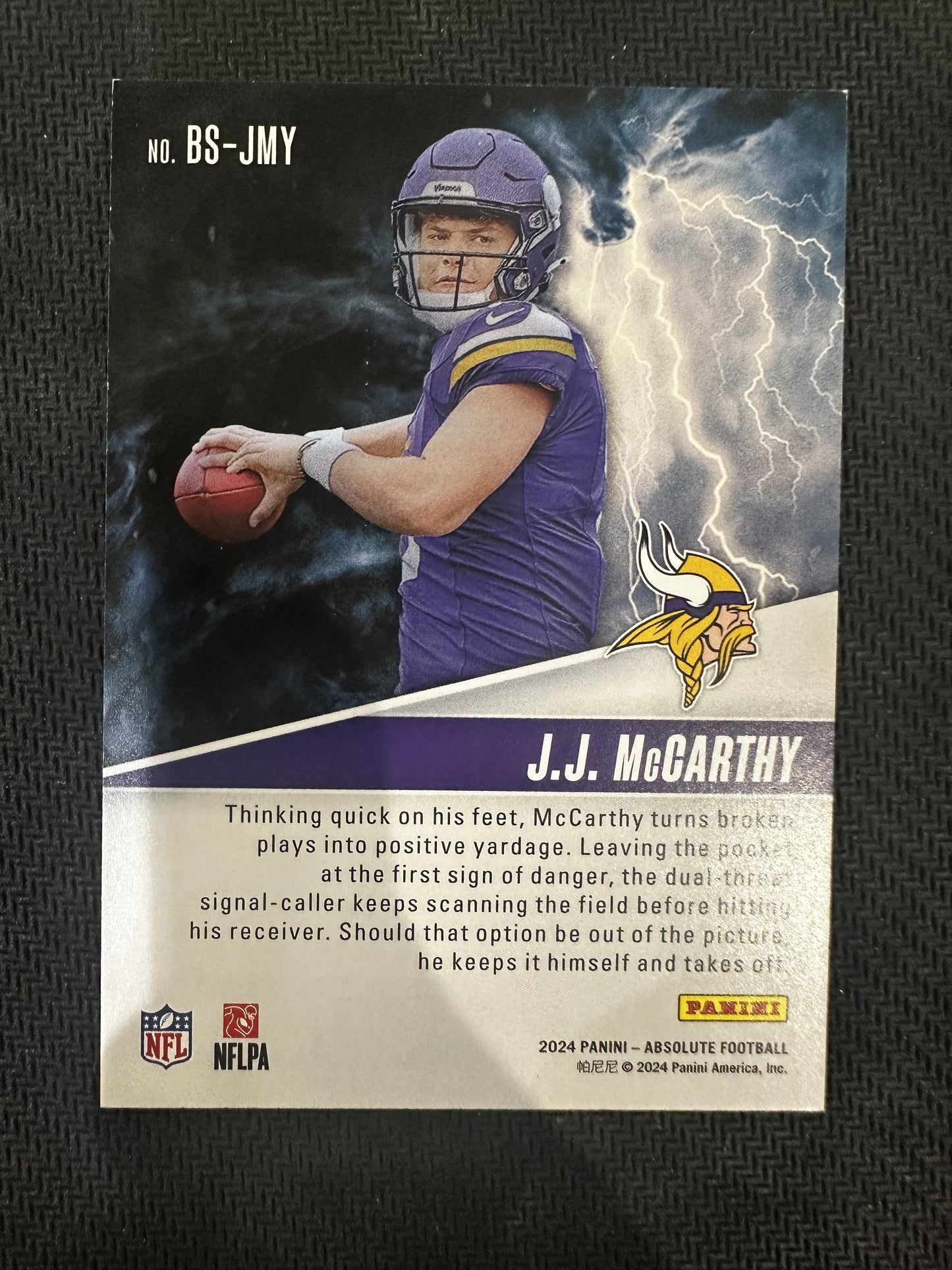 #BS-JMY J.J. McCarthy 2024 Panini Absolute /150 Vikings By Storm Red Spectrum