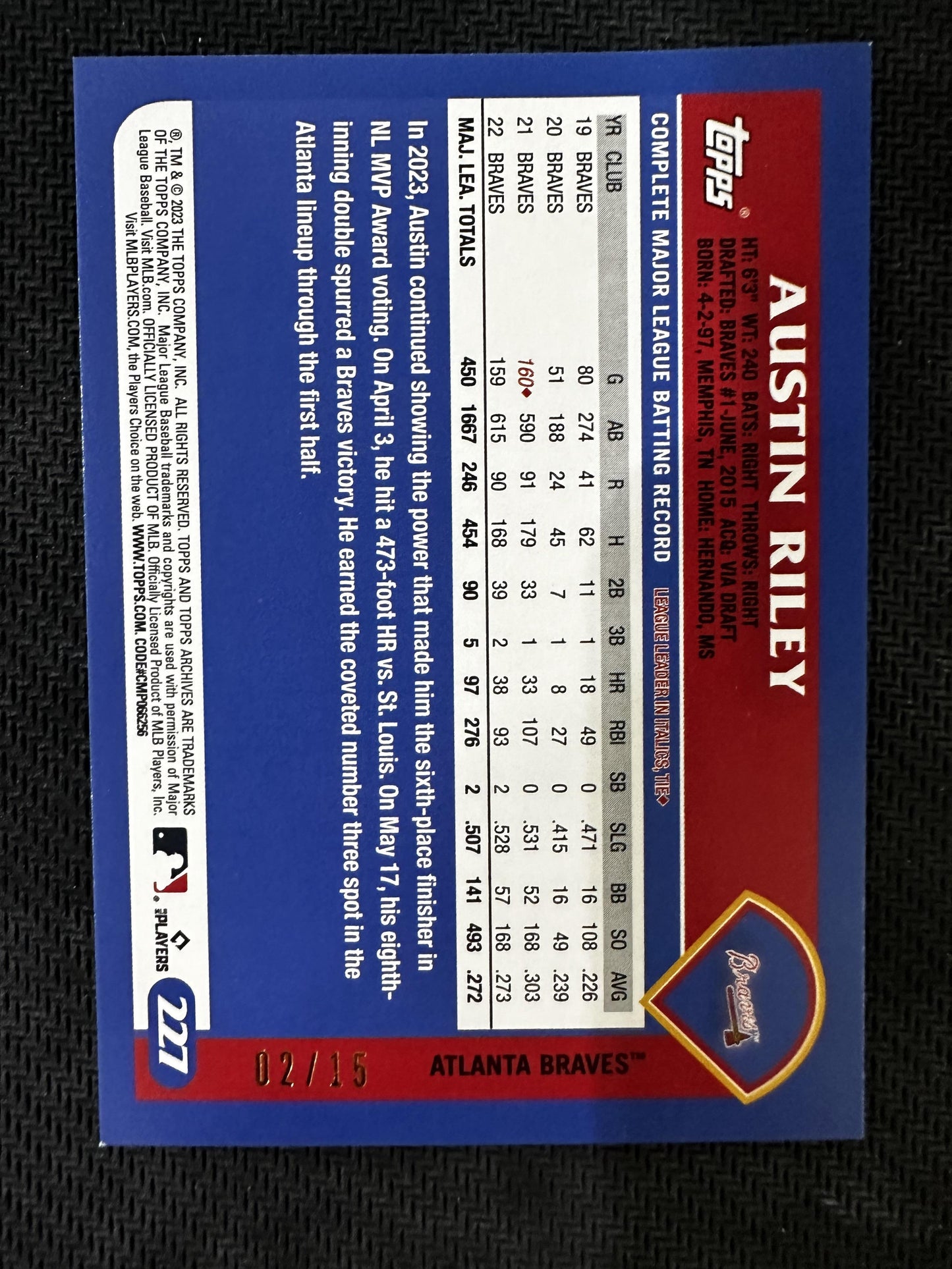 #227 Austin Riley 2023 Topps Archives SN #/15 Braves Orange Hot Foil