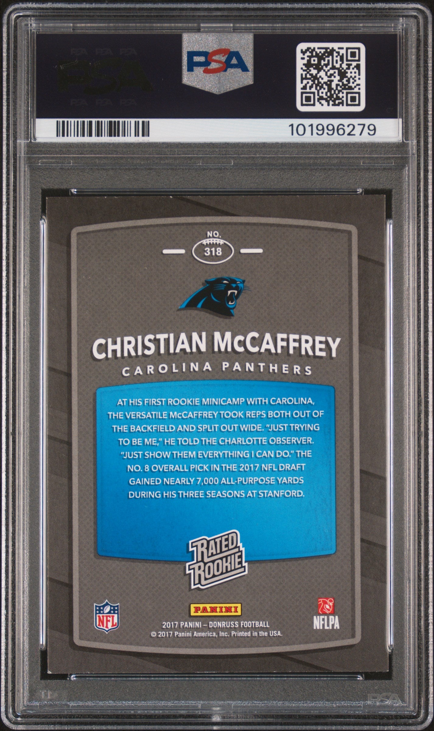 #318 Christian Mccaffrey 2017 Panini Donruss 7 NM sports
