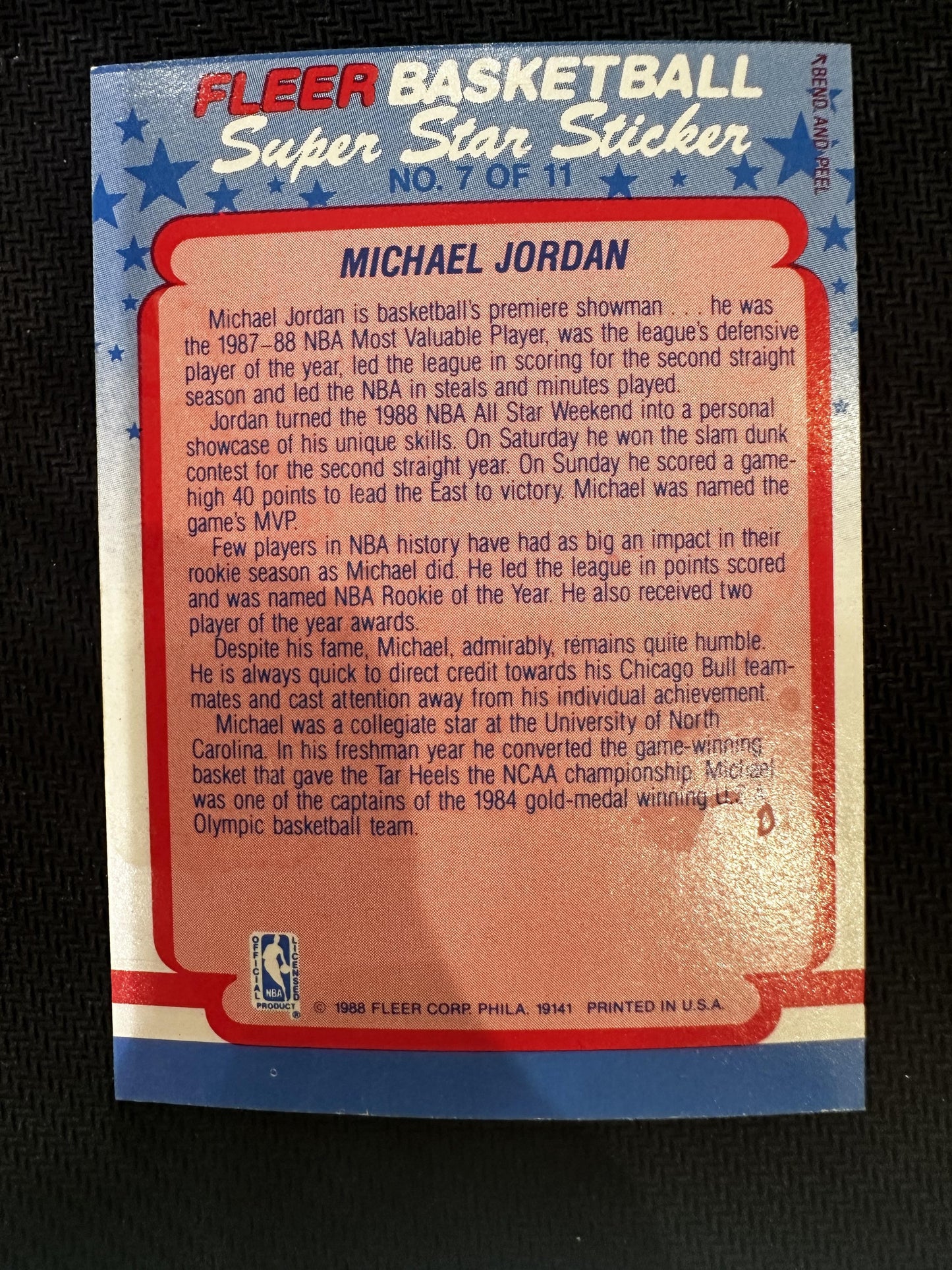 #7 Michael Jordan 1988-89 Fleer Chicago Bulls sports Stickers