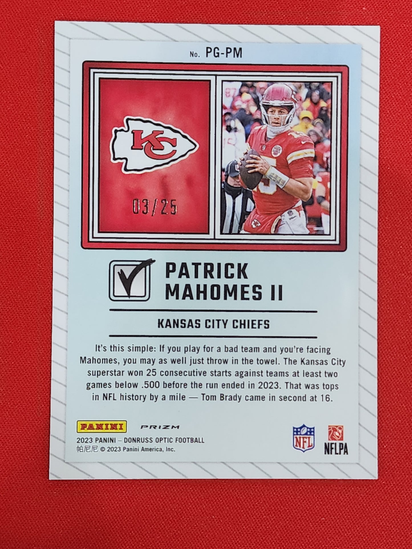 2023 Donruss Optic Patrick Mahomes II FOTL /25 Purple Stars Passing Grade Chiefs