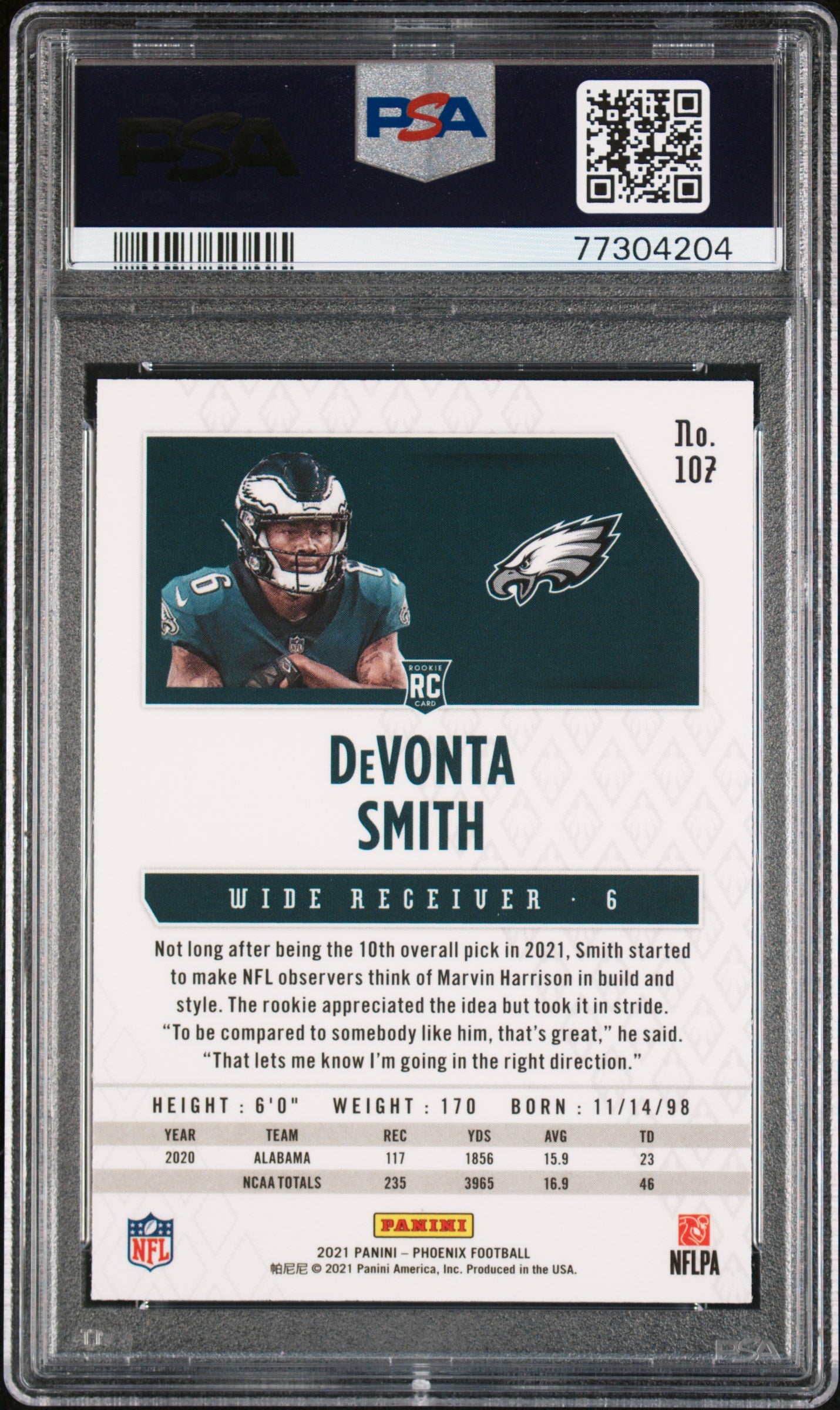 #107 Devonta Smith 2021 Panini Phoenix 10 GEM-MT sports Fire Burst
