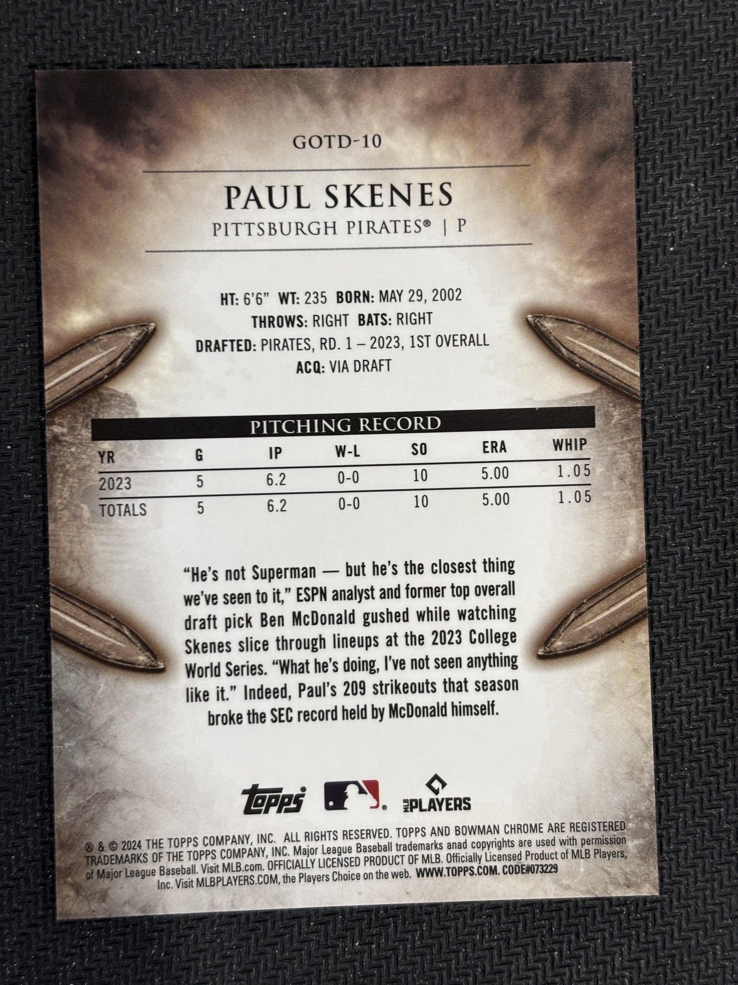 #GOTD-10 Paul Skenes 2024 Bowman Pittsburgh Pirates Gladiators of the Diamond