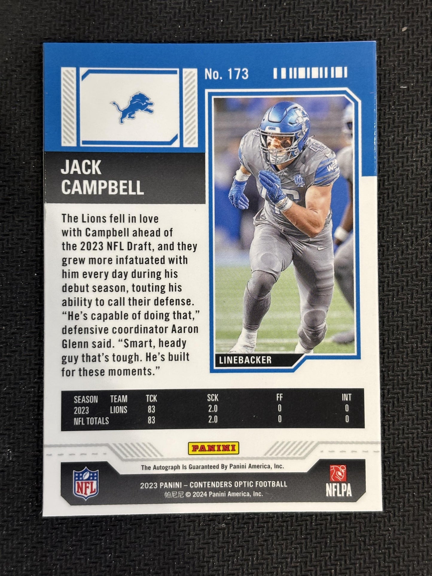 #173 Jack Campbell 2023 Panini Contenders Optic RC,AU Rookie Auto Detroit Lions