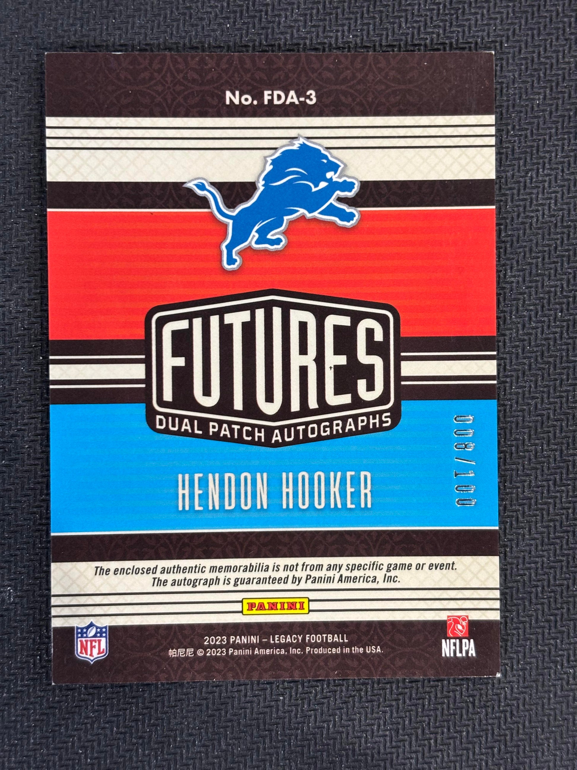 2023 Panini Legacy #FDA-3 Hendon Hooker Futures Dual Patch Autographs Ruby #/100