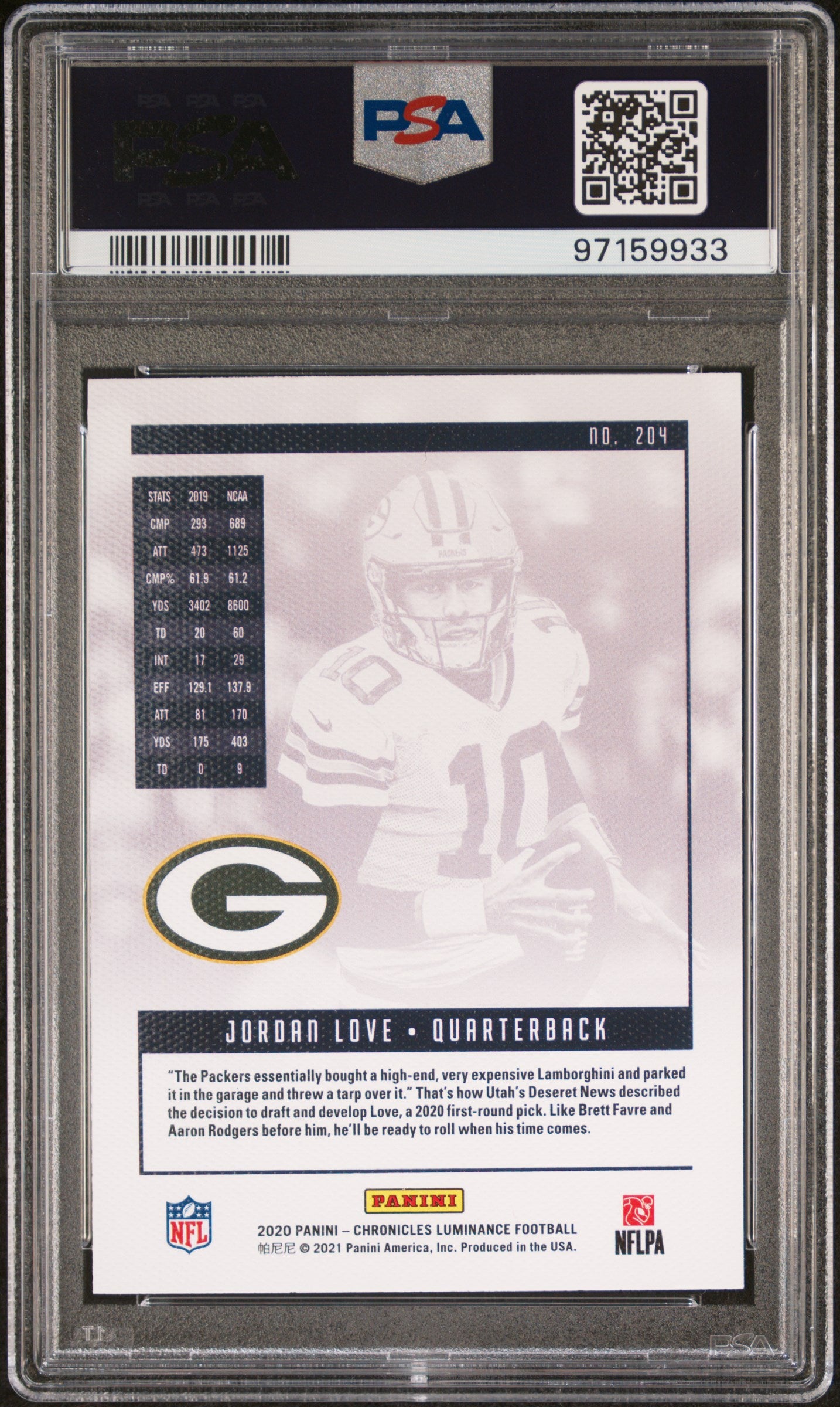 #204 Jordan Love 2020 Panini Chronicles 10 Green Bay Packers Luminance