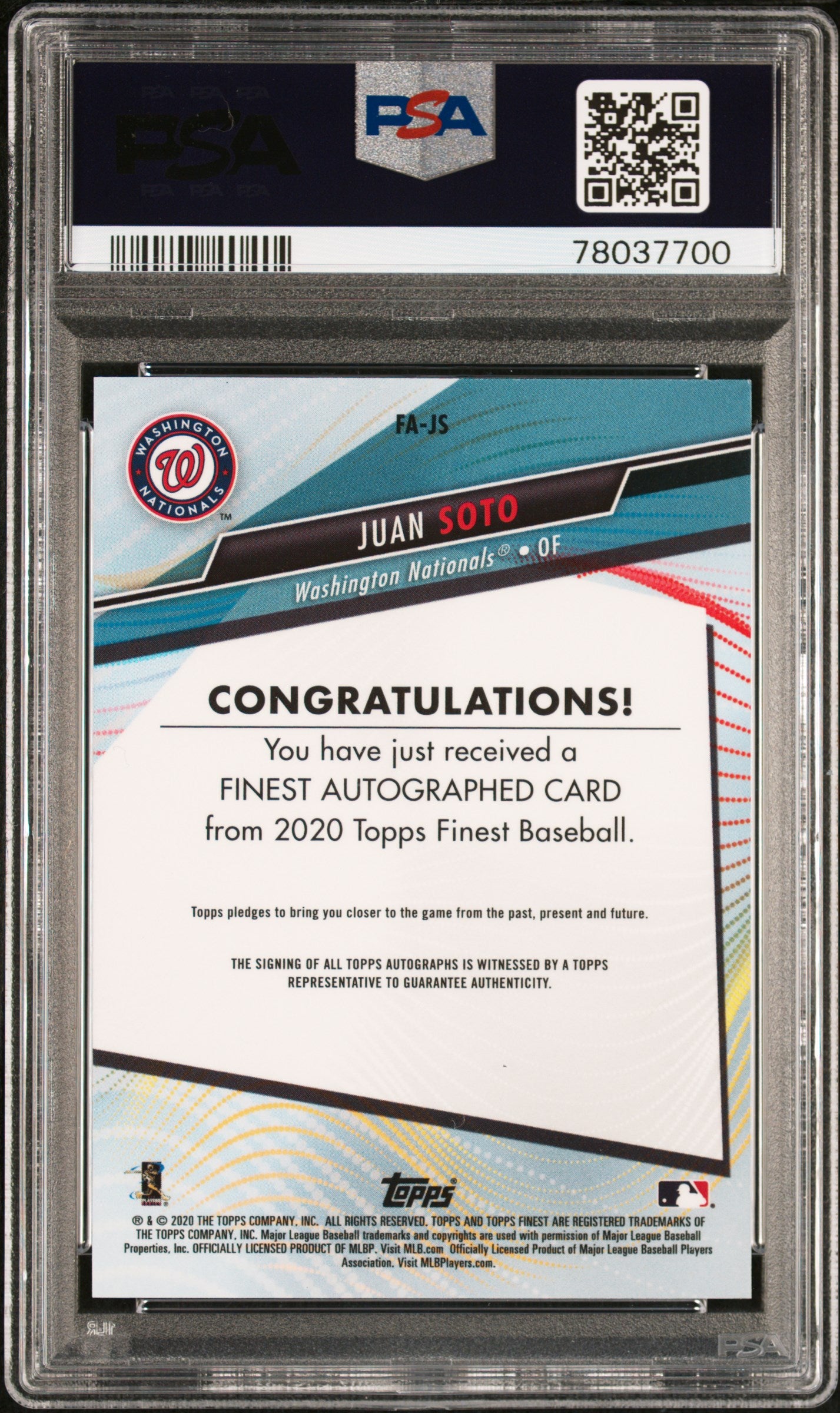 #FA-JS Juan Soto 2020 Auto #/50 9 Washington Nationals Finest Gold Refractor