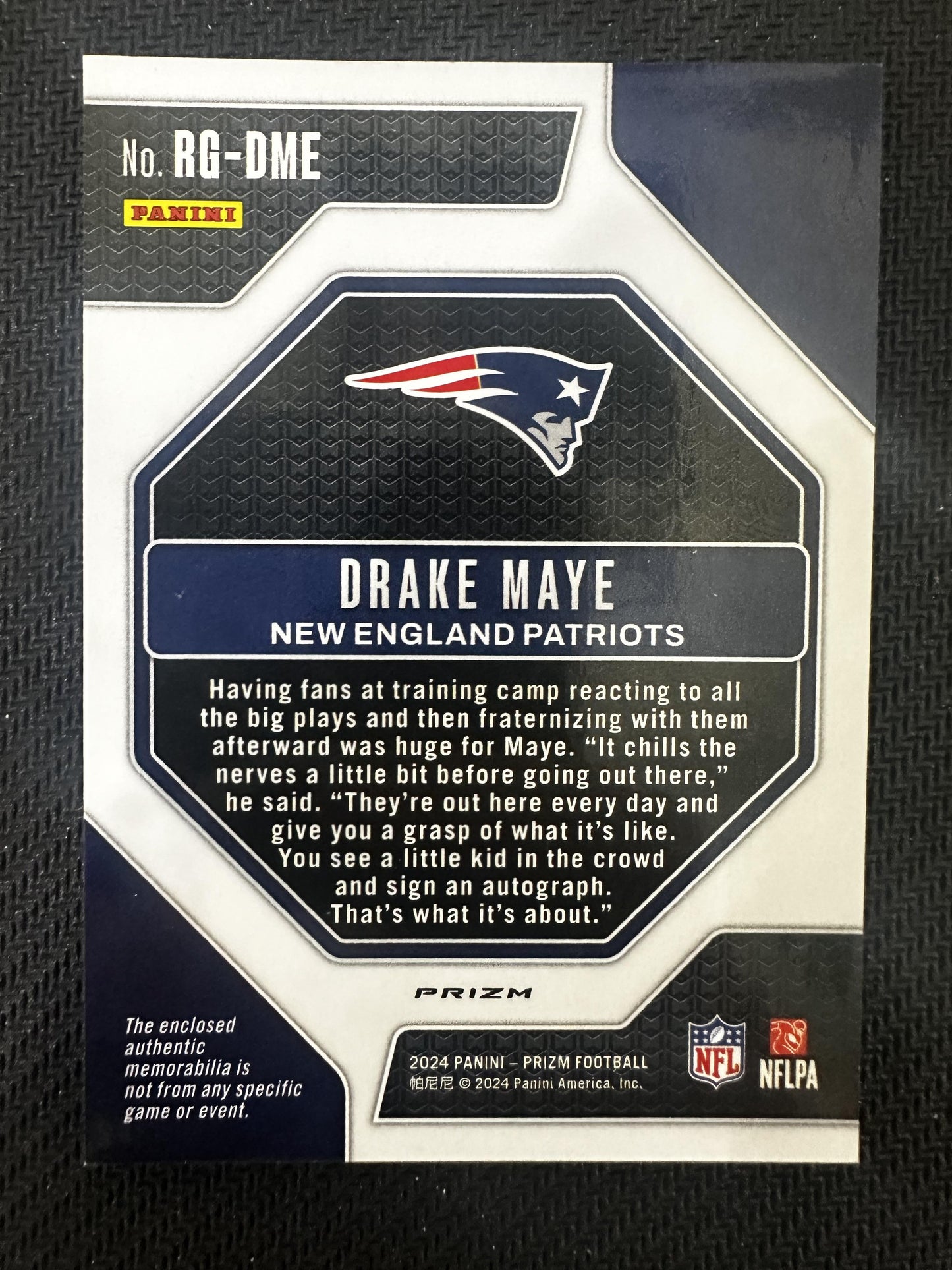 #RG-DME Drake Maye 2024 Panini Prizm MEM New England Patriots Rookie Gear Pink