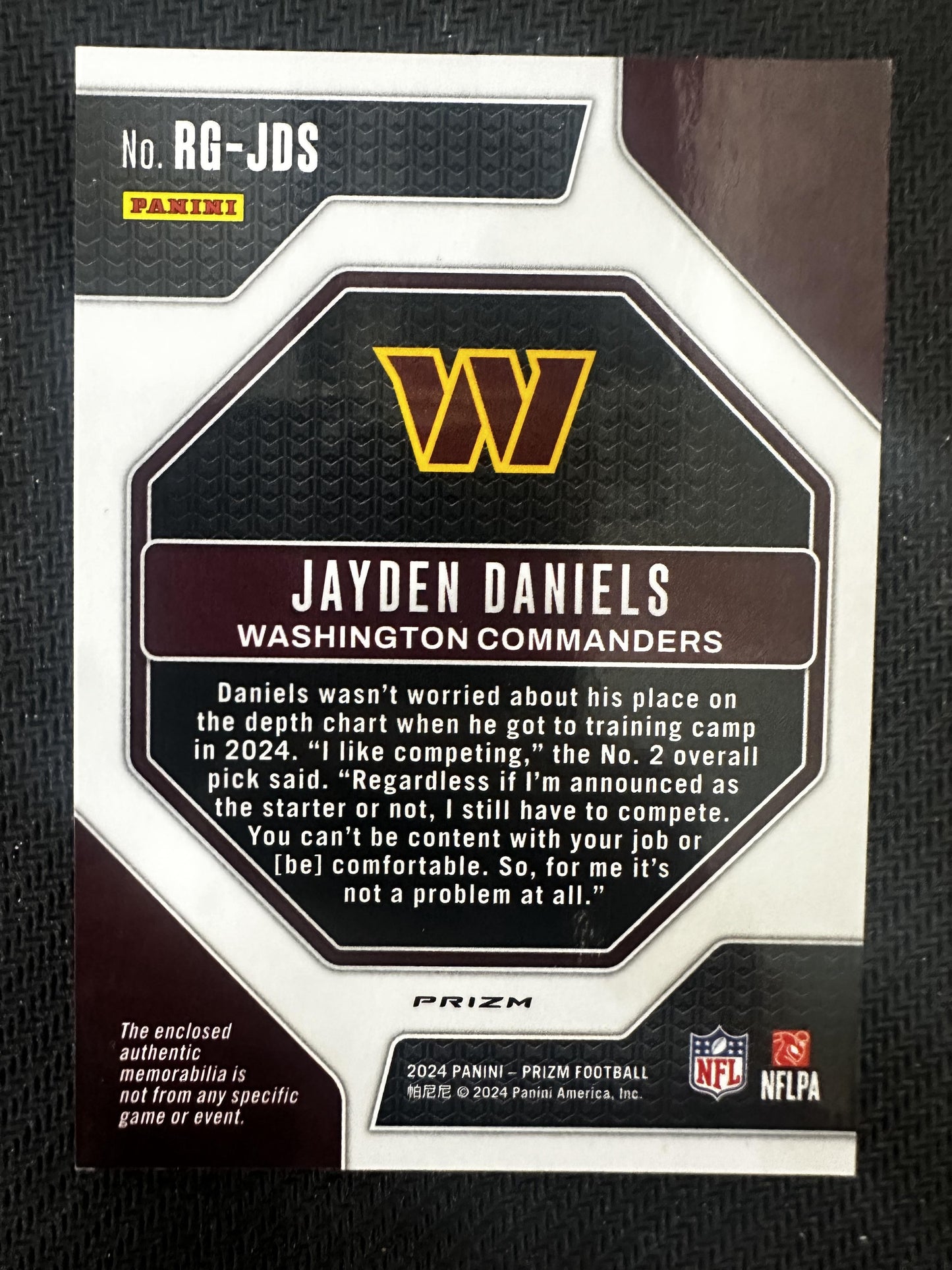 #RG-JDS Jayden Daniels 2024 Panini Prizm MEM Washington Commanders Rookie Gear