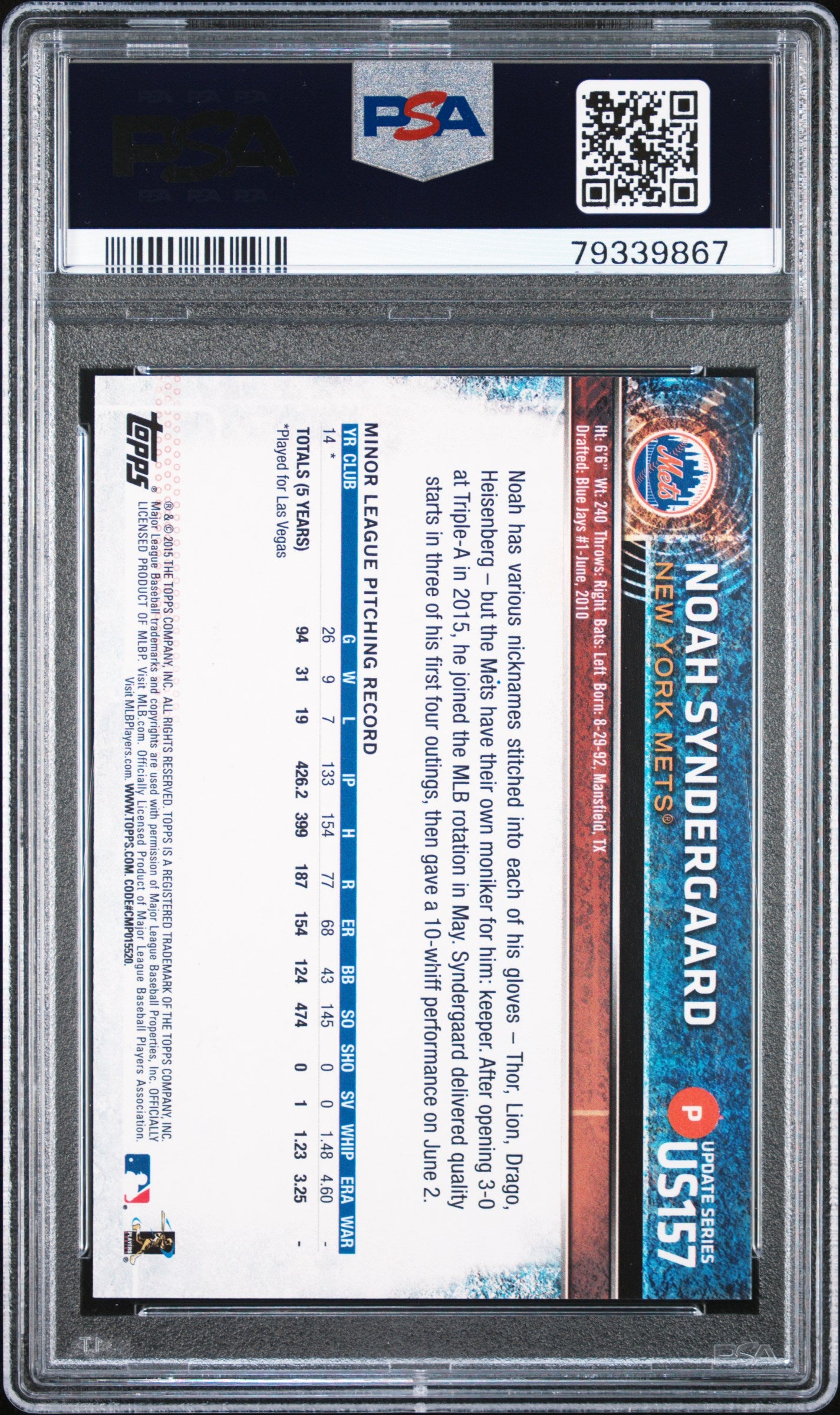 #US157 Noah Syndergaard 2015 Topps Update 10 GEM-MT sports Pitching-No Sparkle