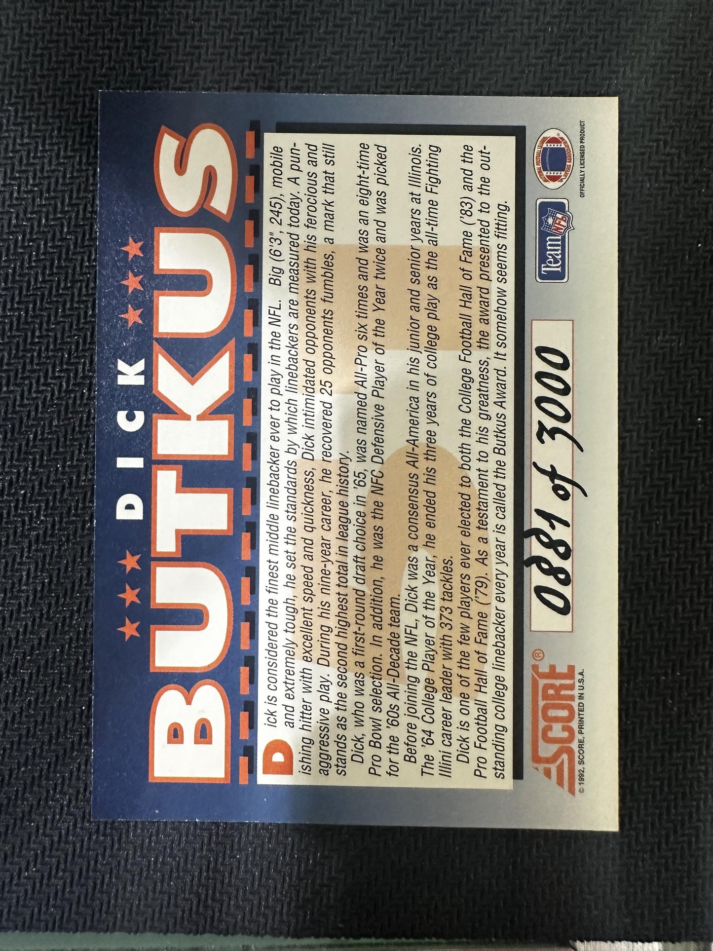 #NNO Dick Butkus 1992 Score AU,SN Auto #/3000 Chicago Bears sports