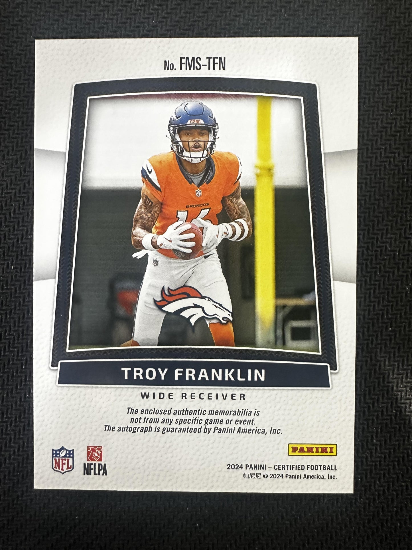 #FMS-TFN Troy Franklin 2024 Panini Certified Auto /399 Broncos Freshman Fabric